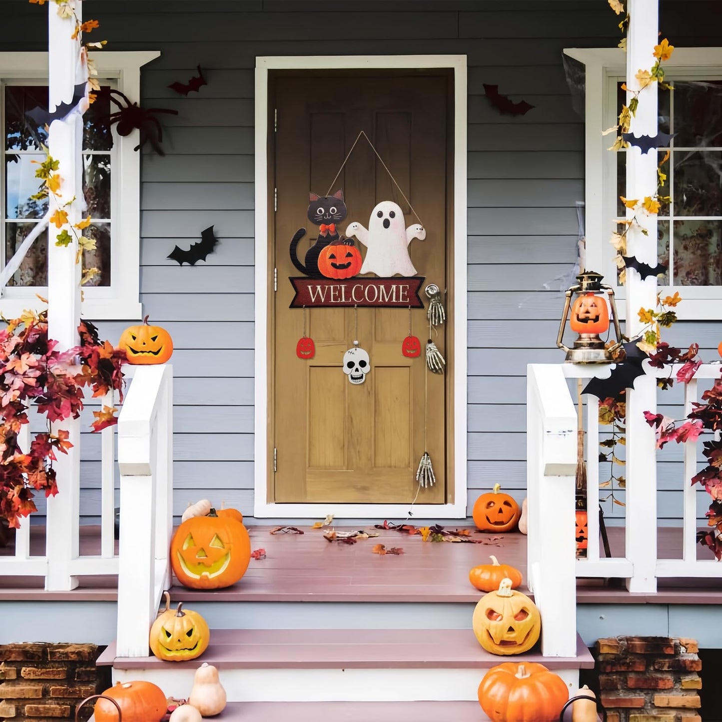 Halloween Welcome Sign Hanging Wood Decor - Spooky Ghost, Black Cat, Pumpkin & Skull for Front Door Wall Decorations with 3 Pendant (Pumpkin, Skull, Pumpkin), Indoor Outdoor Fall Party Supplies