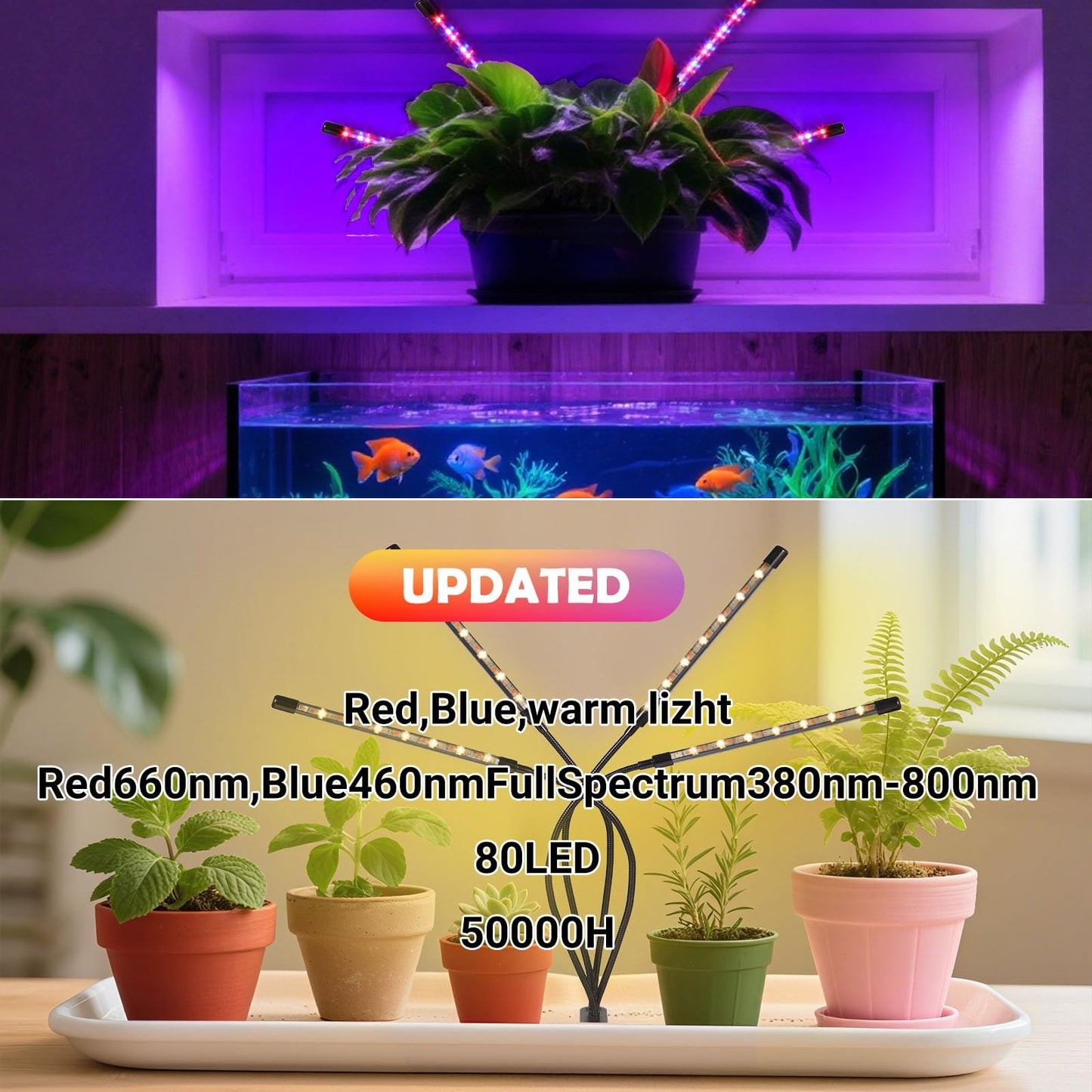 shalaker Grow Lights for Indoor Plants,80 LED Plant Lights with Full Spectrum & Red Blue Spectrum, 10 Dimmable Level, 3/9/12H Timer,3 Switch Modes, Adjustable Gooseneck,4 Heads Clip-On