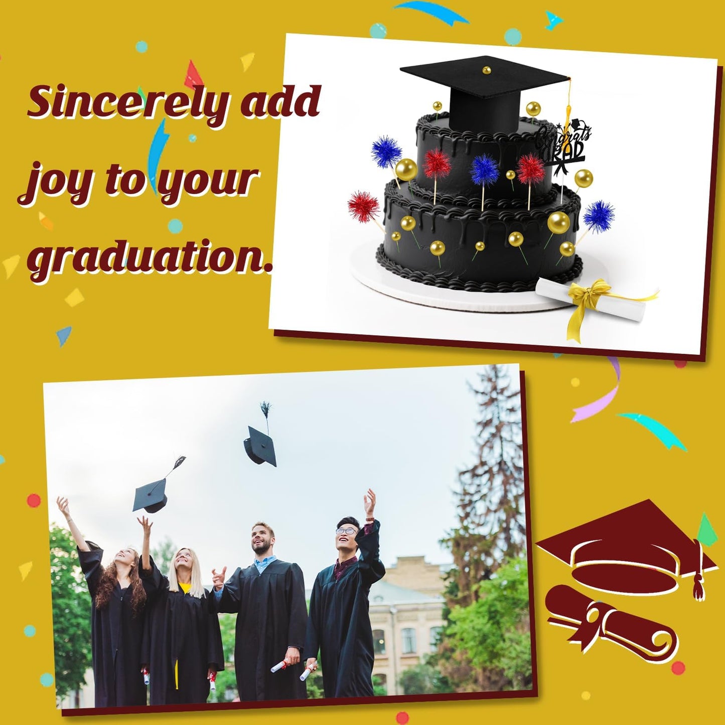 32PCS Graduation Cake Decorations Kit for Class of 2026 Includes Felt Tassel Caps, Firework Cupcake Toppers, Diploma and Balls, Black Theme Party Supplies for High School,College Celebrations (Black)