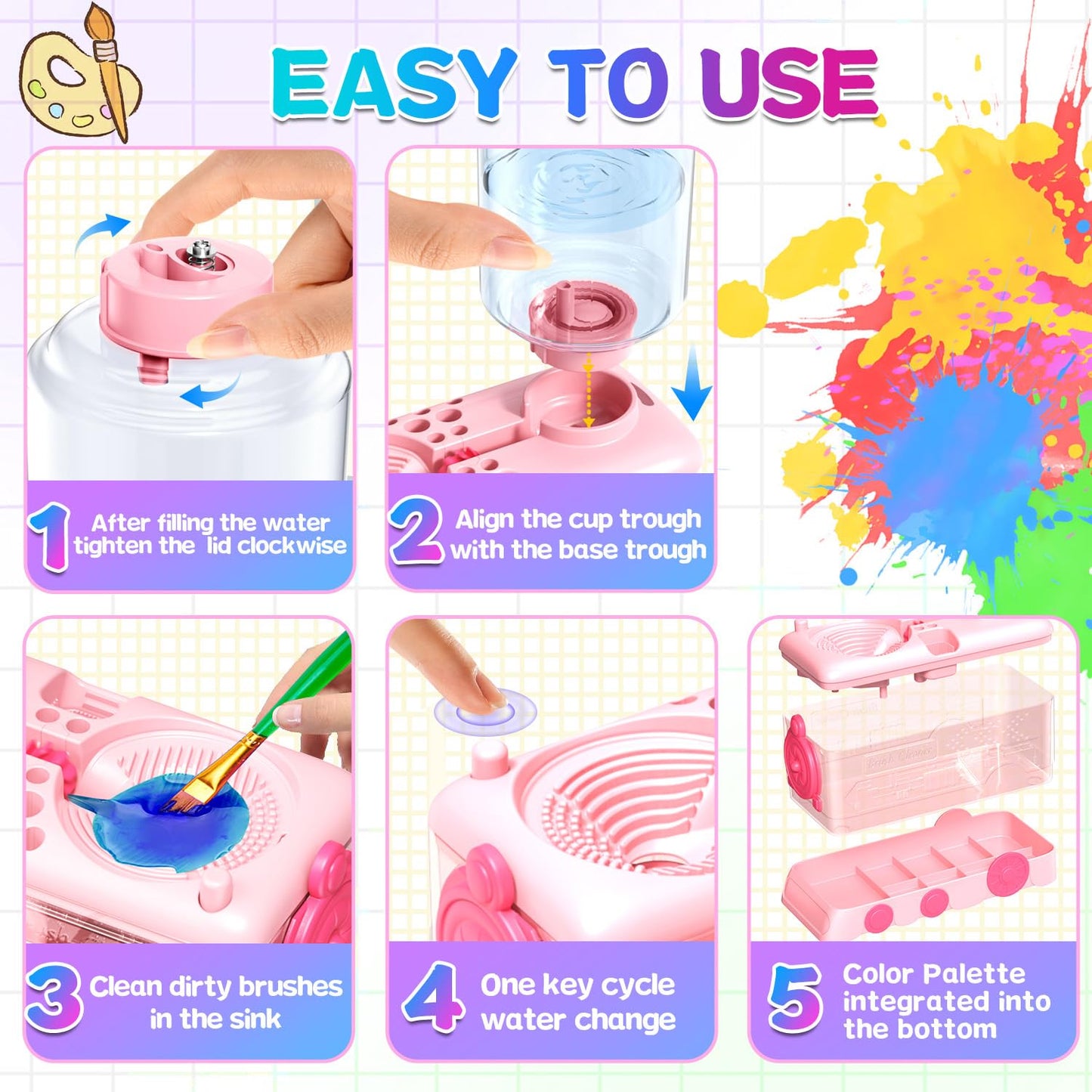 Velachuan Paint Brush Cleaning Kit for Kids with 5 Brushes, Art Smock, Washable Mat, Guidebook, Spiral Brush Cleaner Jar for Watercolor(Pink)