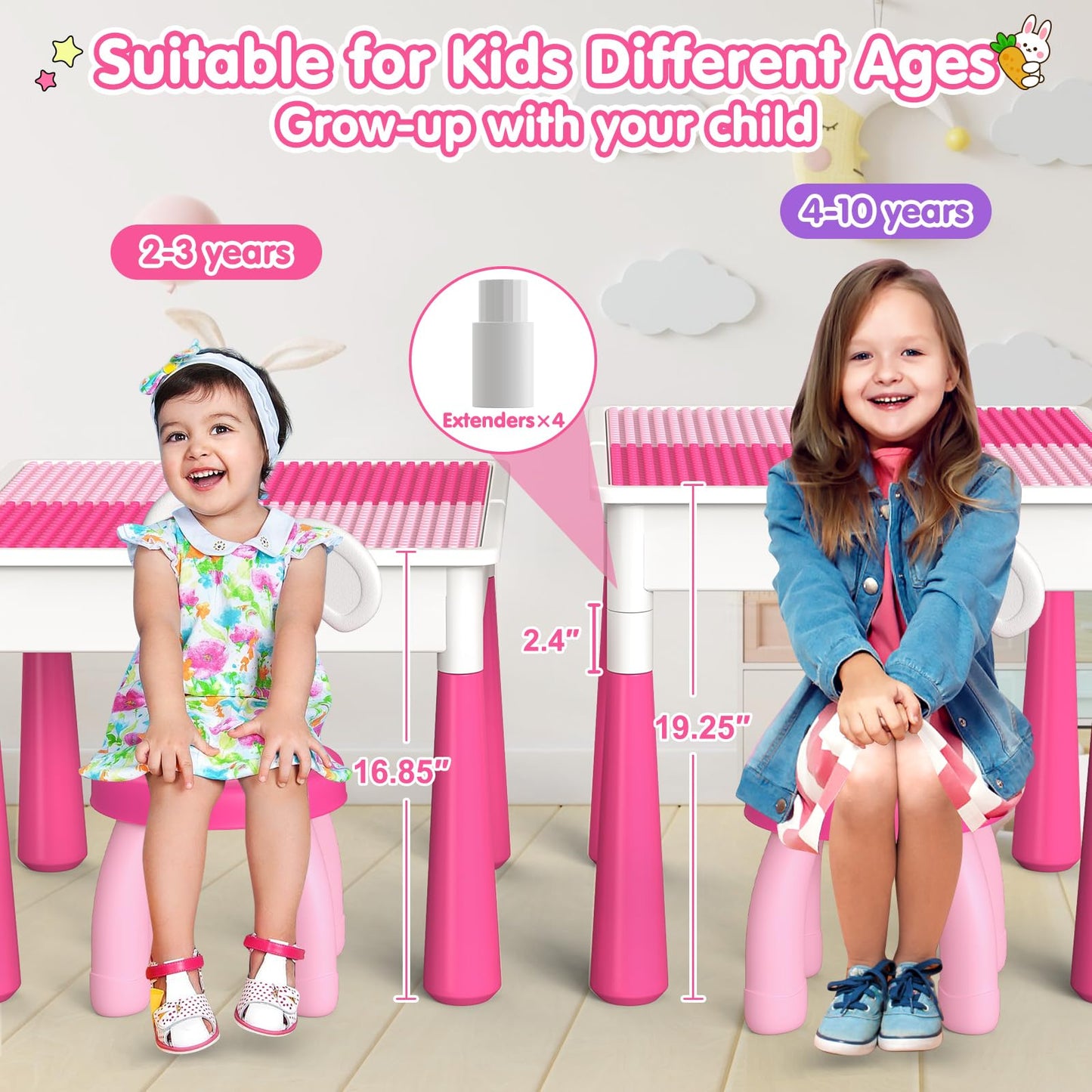 OCATO Kids Toddler Table and Chair Set: Water Table Activity Tables with 152Pcs Large Marble Run Building Blocks 2 Rabbit Chairs Storage All in One Play Sensory Sand Tables 3-6 Year Old Girl Toy Gift