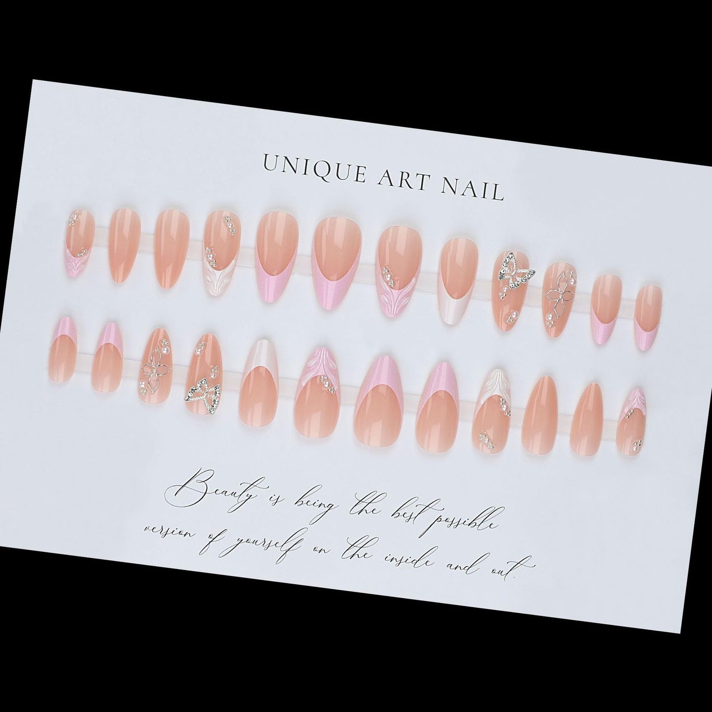 24PCS Medium Almond Press-On Nails Set - Nude Pink Gel Fake Nails with 3D Silver Flower Pearl & Butterfly Decor False Nails Reusable Adhesive Spring Summer Glue Stick-On Nail for Women Salon Look