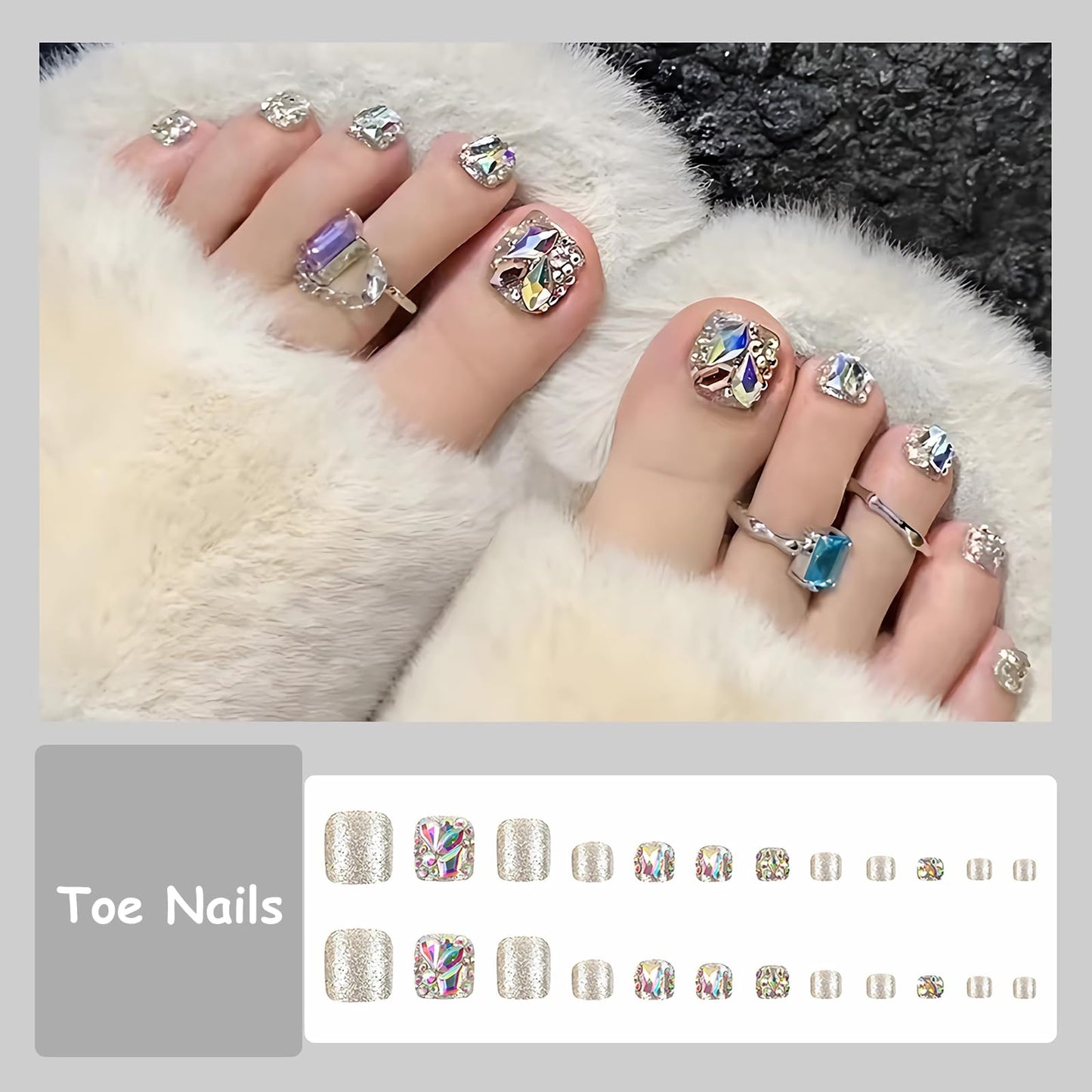 MISUD Press on Toenails - Fake Toe Nails with Rhinestone, Acrylic Toenail Bling Silver Glitter Design 24 pcs