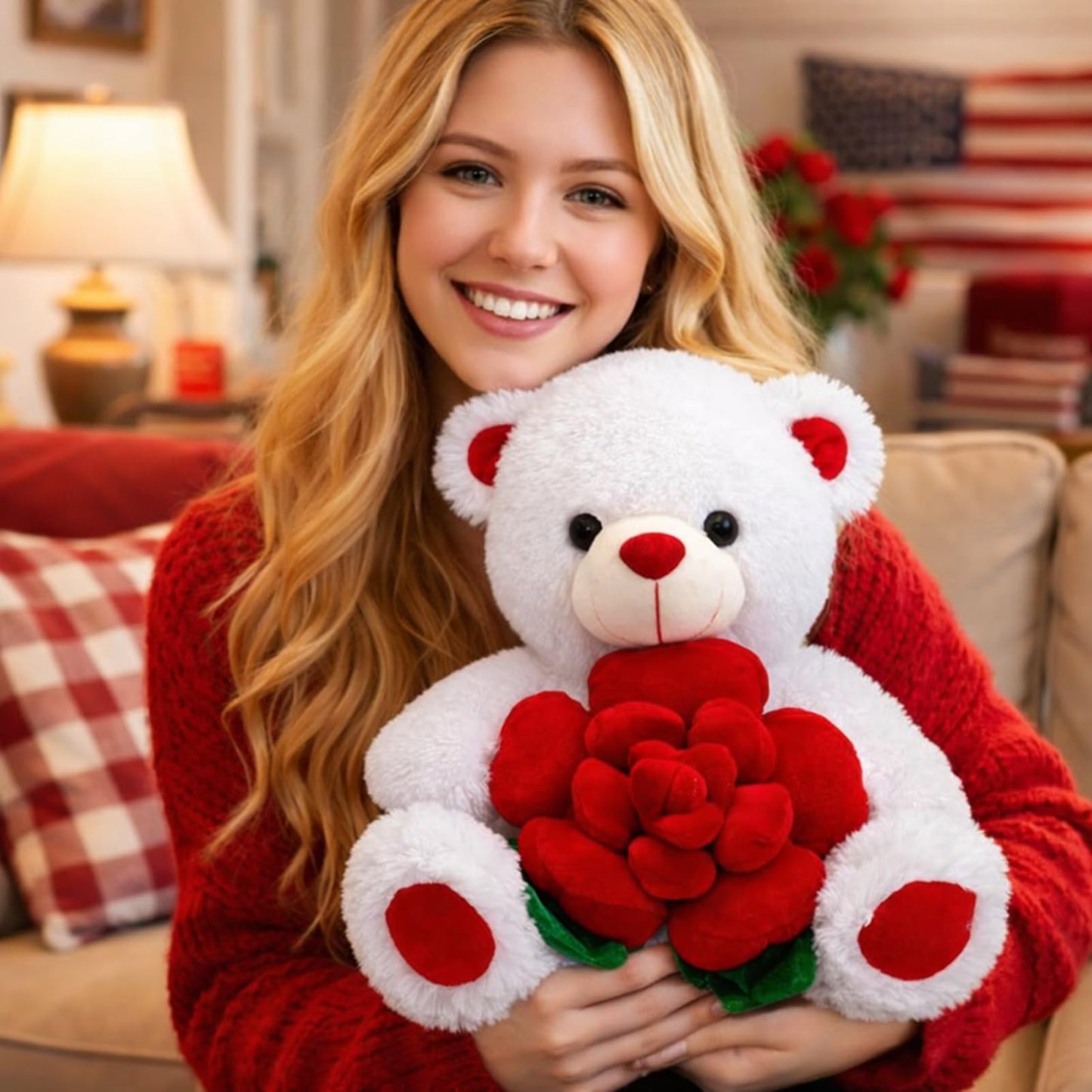 BEJOY Teddy Bear Stuffed Animals Plush Bear Holding Rose Soft Plush Toy Gifts 16 inches White