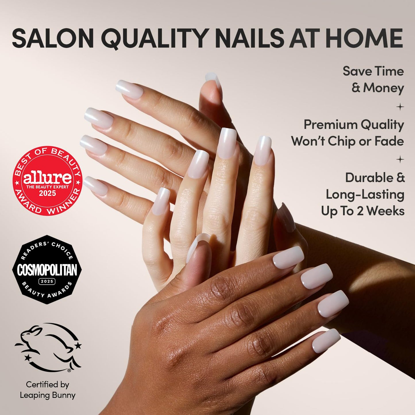 Glamnetic Press On Nails - Bailey | Medium Square Fake Nails, Sheer White Glazed, Salon Quality | 15 Sizes - 30 Nail Kit Wtih Glue