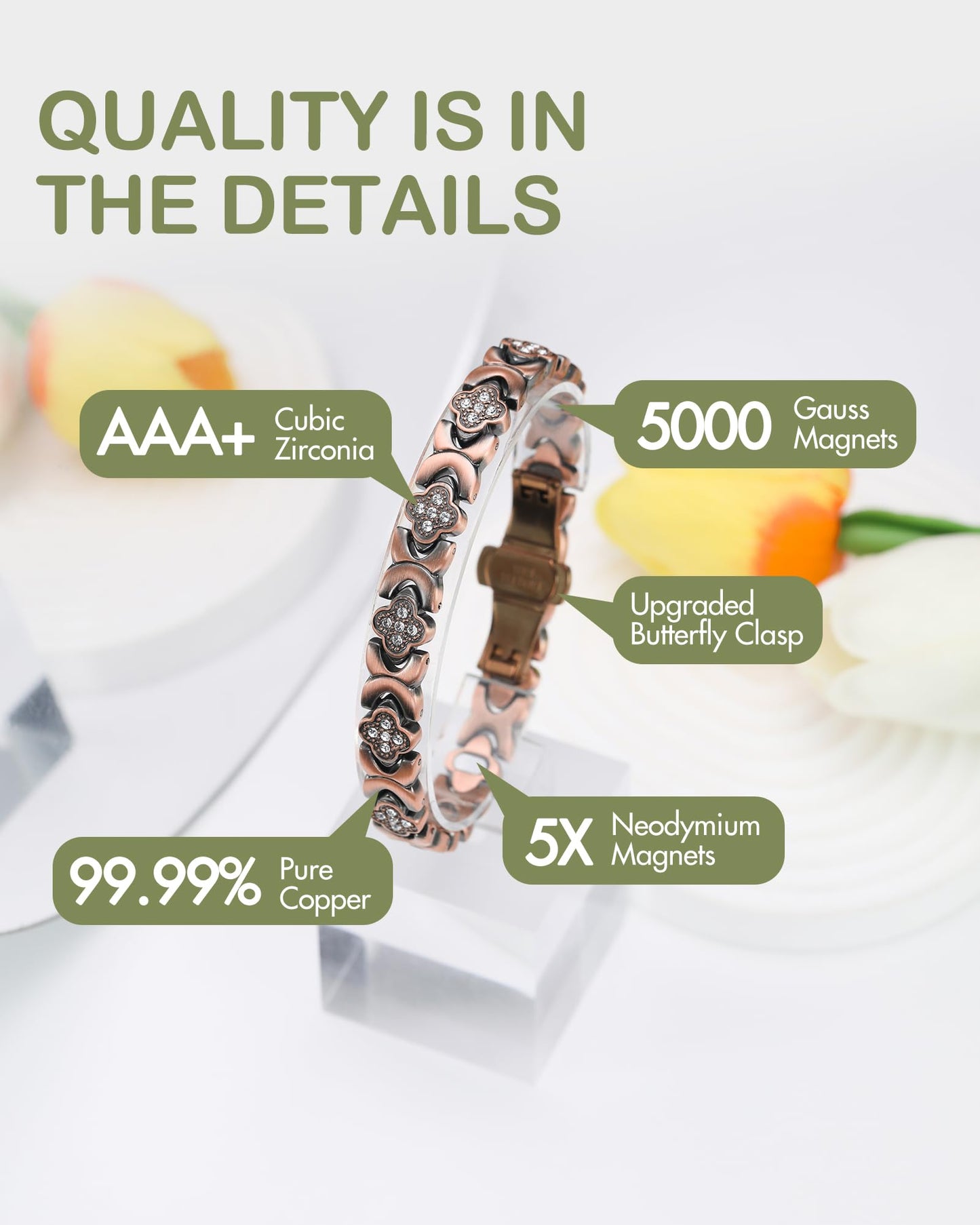 Feraco Pure Copper Bracelets for Women, 5X Ultra Strength Magnetic Bracelet with 5000 Gauss Neodymium Magnets & Upgraded Butterfly Clasp, Adjustable Jewelry Gift (Copper Clover)