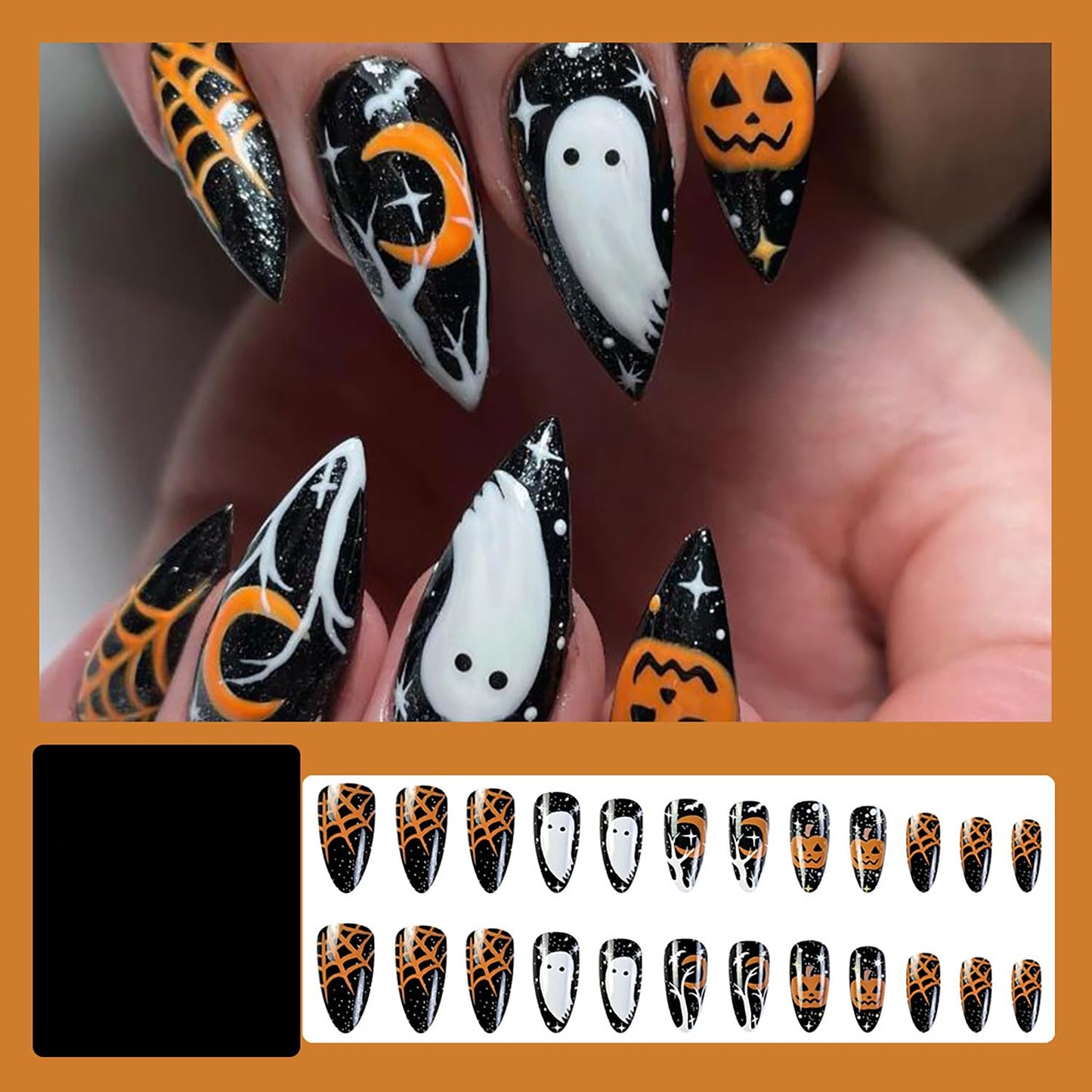 24 Pcs Halloween Press on Nails Almond Medium Fake Nails Halloween False Nails with Ghost & Pumpkin Design Fall Almond Nails Press ons Full Cover Reusable Stick on Nail for Women
