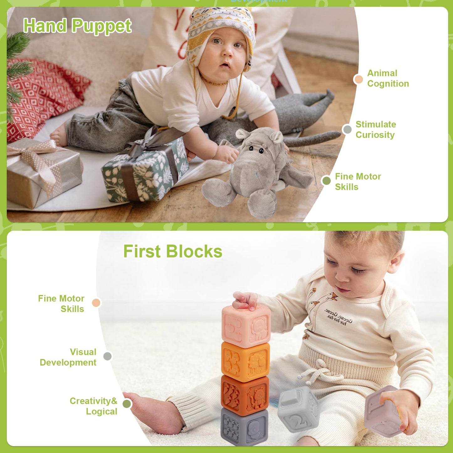 Adena Montessori Play Kit for 7-12 Month Baby,6 in 1 Learning Educational Brain Development Toys for Toddler Includ First Puzzle,Ball Drop Box,Stacking Pegs,First Blocks,Wooden Moving Car,Hand Puppet