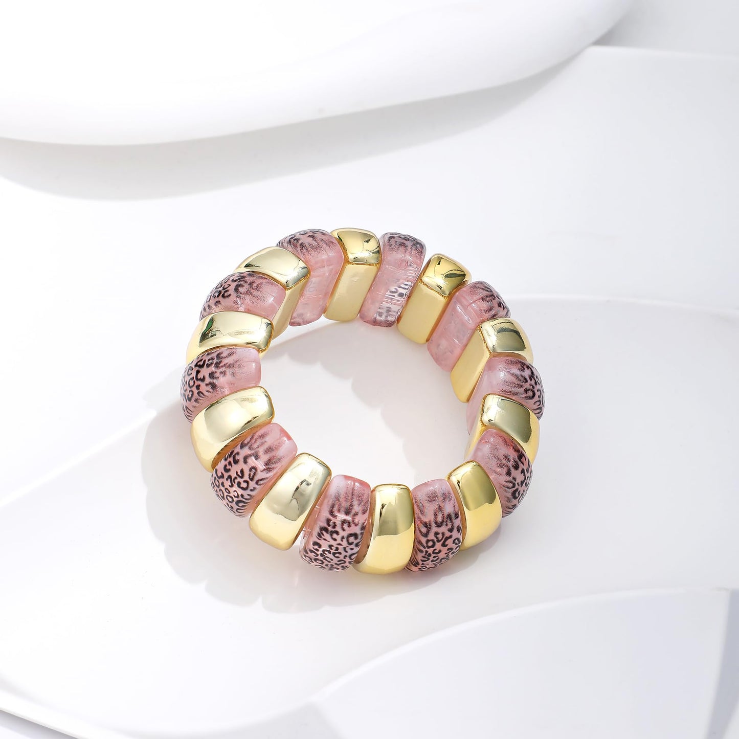GOOJIDS Leopard Beaded Gold Plated Bangles Bracelet Chunky Bamboo Tube Curved Stacking Clear Acrylic Colorful Beads Stretchable Plated Bracelets Set For Women