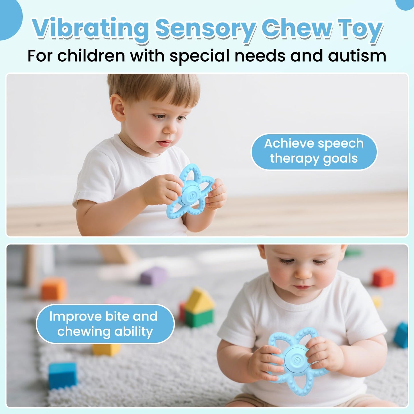 Vibrating Sensory Chew Toy - Dual Use Teethers for Babies 3-6 Months/6-18 Months & Autism Chew Toys, Baby Teething Toys with 3 Vibration Modes, Sensory Toys for Kids with Autism (Blue)
