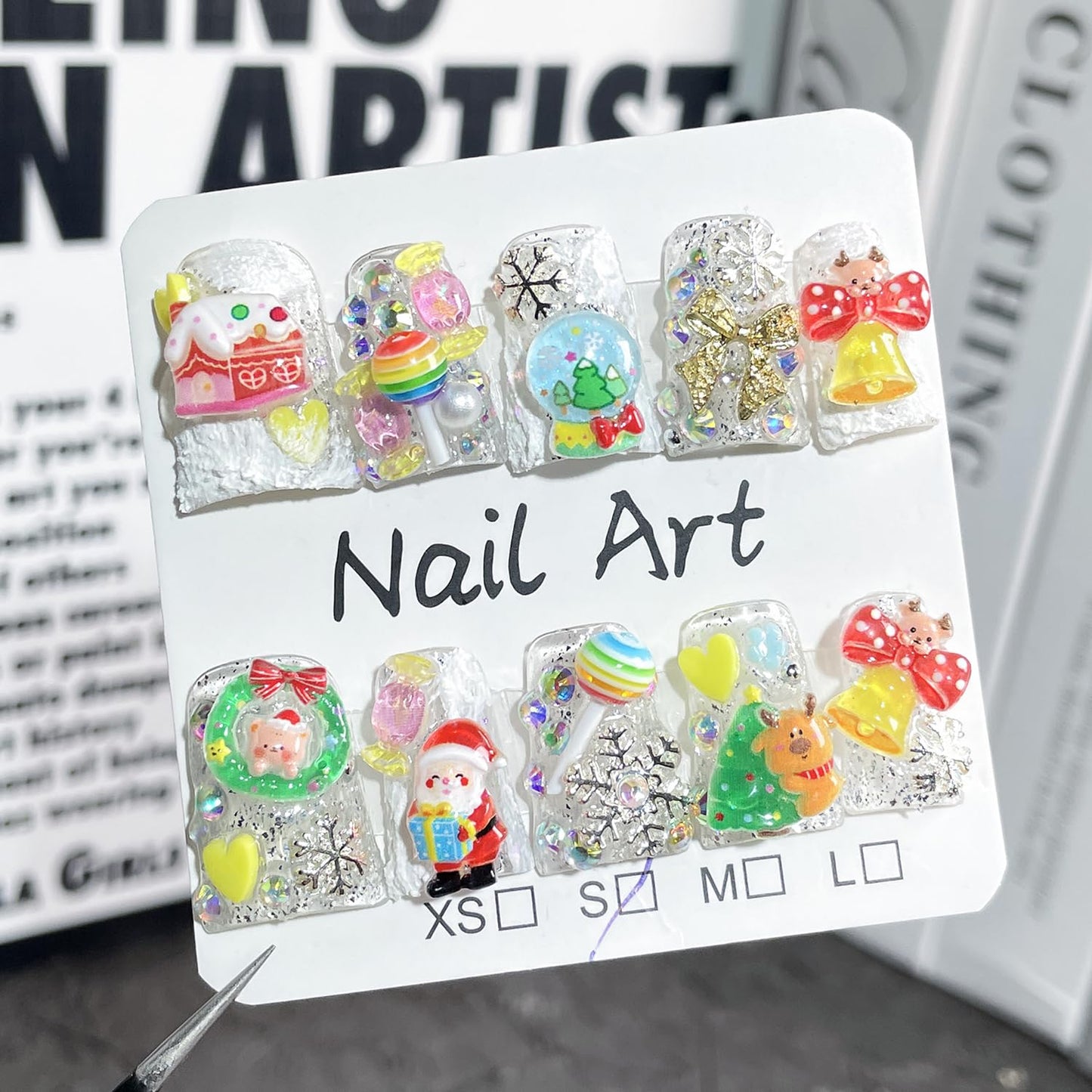 Christmas Press on Nails Handmade Fake Nails Short Duck Thick Acrylic Nail Cute False Nails with Bow Santa Lollipop Charms Glitter Designs Winter Sturdy Nail Art Press on Nails 10Pcs(M)