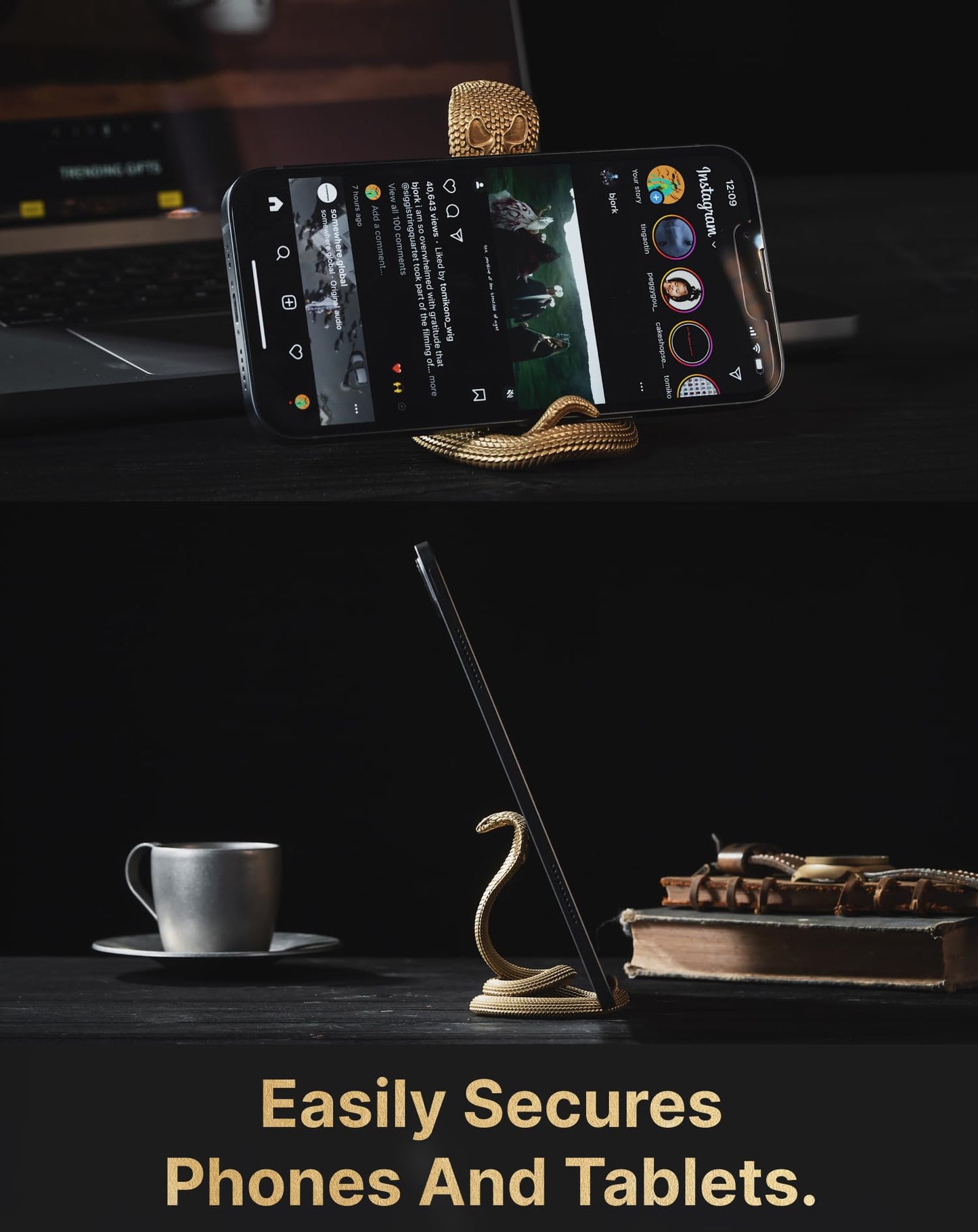 COPPERTIST.WU Cobra Phone Stand Brass Desk Decor – Handcrafted Snake Phone Holder for iPhone & Tablet, Artistic Desk Accessory Sculpture, Unique Gift for Men, Office & Home