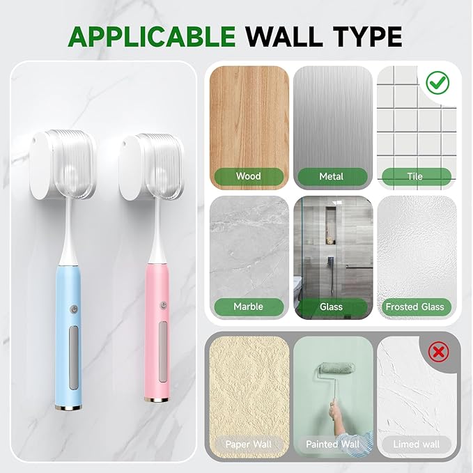2 Pcs Toothbrush Holders Wall Mounted, Single Slot Design, Shower Self Adhesive Wall Mounted Toothbrush Holder with Cover, Waterproof and Dustproof, Suitable for Bathroom, Family, Travel (Transparent)