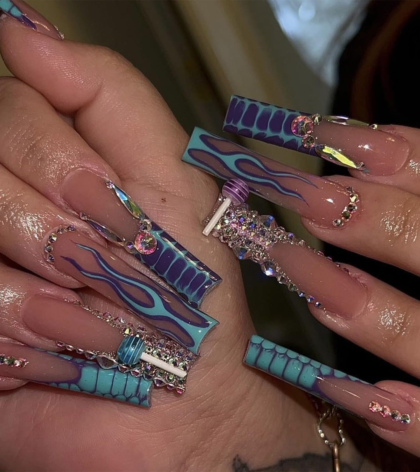 Press on Nails Extra Long - Aegenacess Square Press On Nails with 3D Rhinestones, Nude Blue Purple French Tips Y2K Fake Nails with Glue Sticker, Handmade 24 pcs Stick On Nails False Nail in 12 Sizes