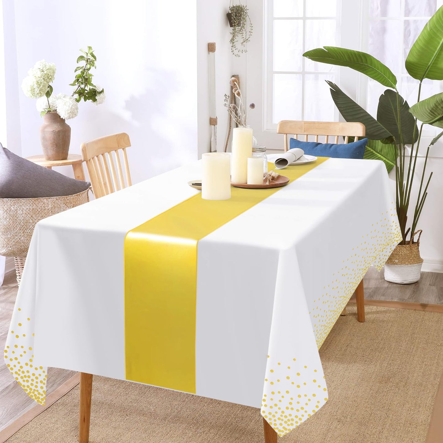 Barafat 12 Pack White Gold Tablecloth and Table Runner Set Party Decorations, White and Gold Plastic Disposable Tablecloth and Satin Table Runner for Wedding Birthday Party (White and Gold)