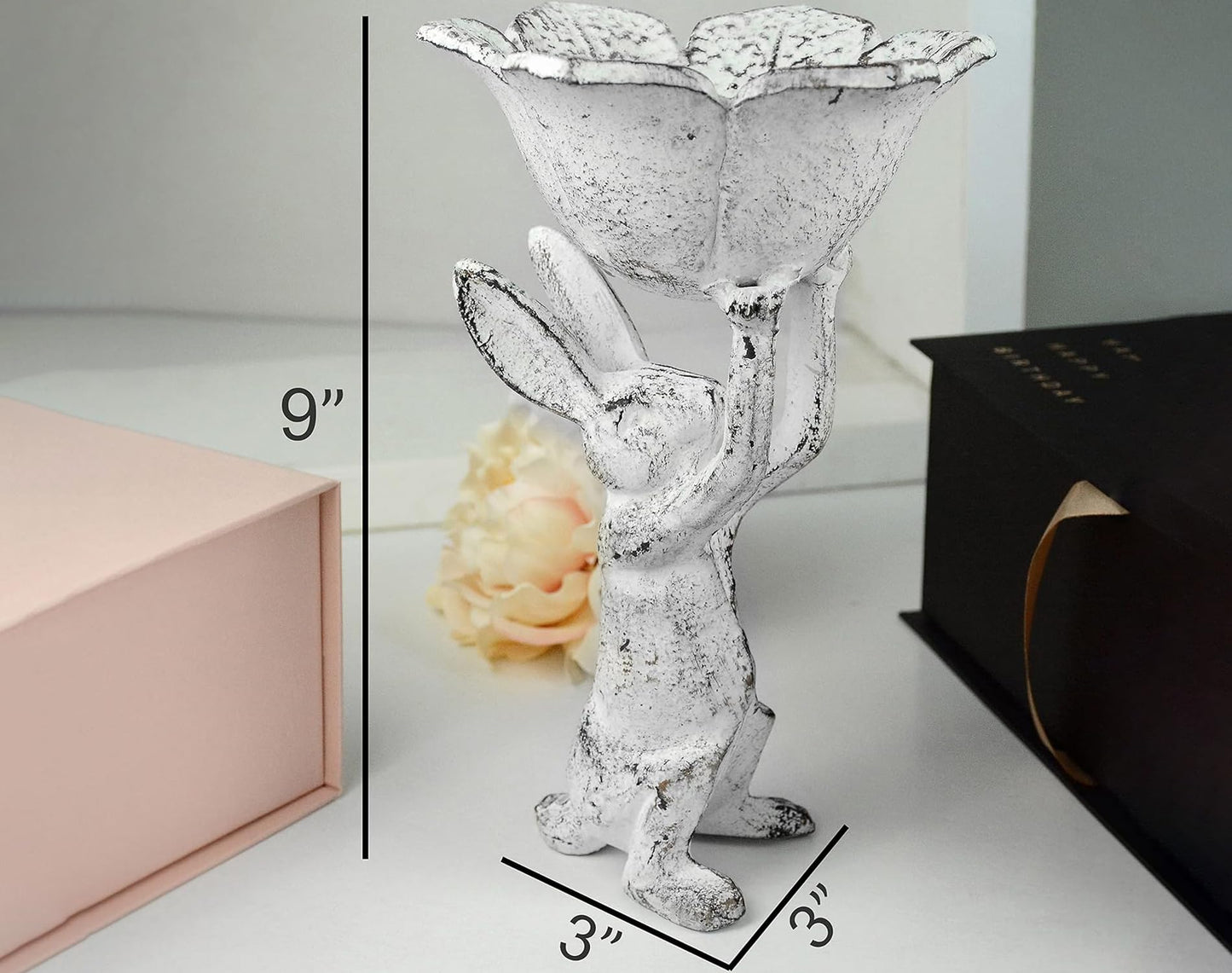 Antique White Cast Iron Rabbit with Flower Bird Feeder - 6 Inch Plant Pot or Feeder - (Cute Planter for Garden Decor for Outside)