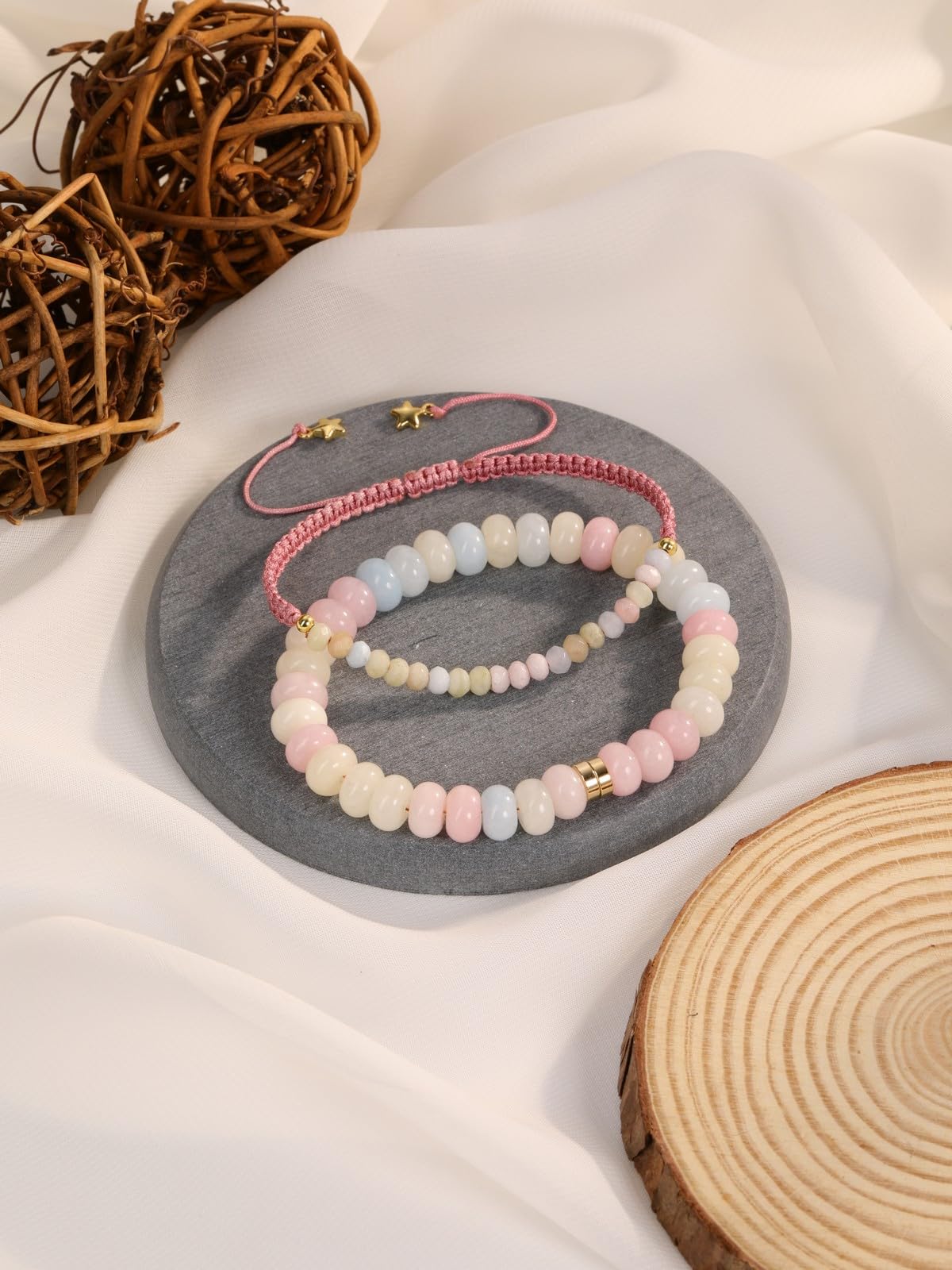 CrystalTears Morganite Beaded Bracelets for Women, 2pcs Stackable Boho Crystal Gemstone Bracelets Set with Stretch Bracelet and Adjustable Braided Bracelet Summer Beach Jewelry Gifts for Women Her