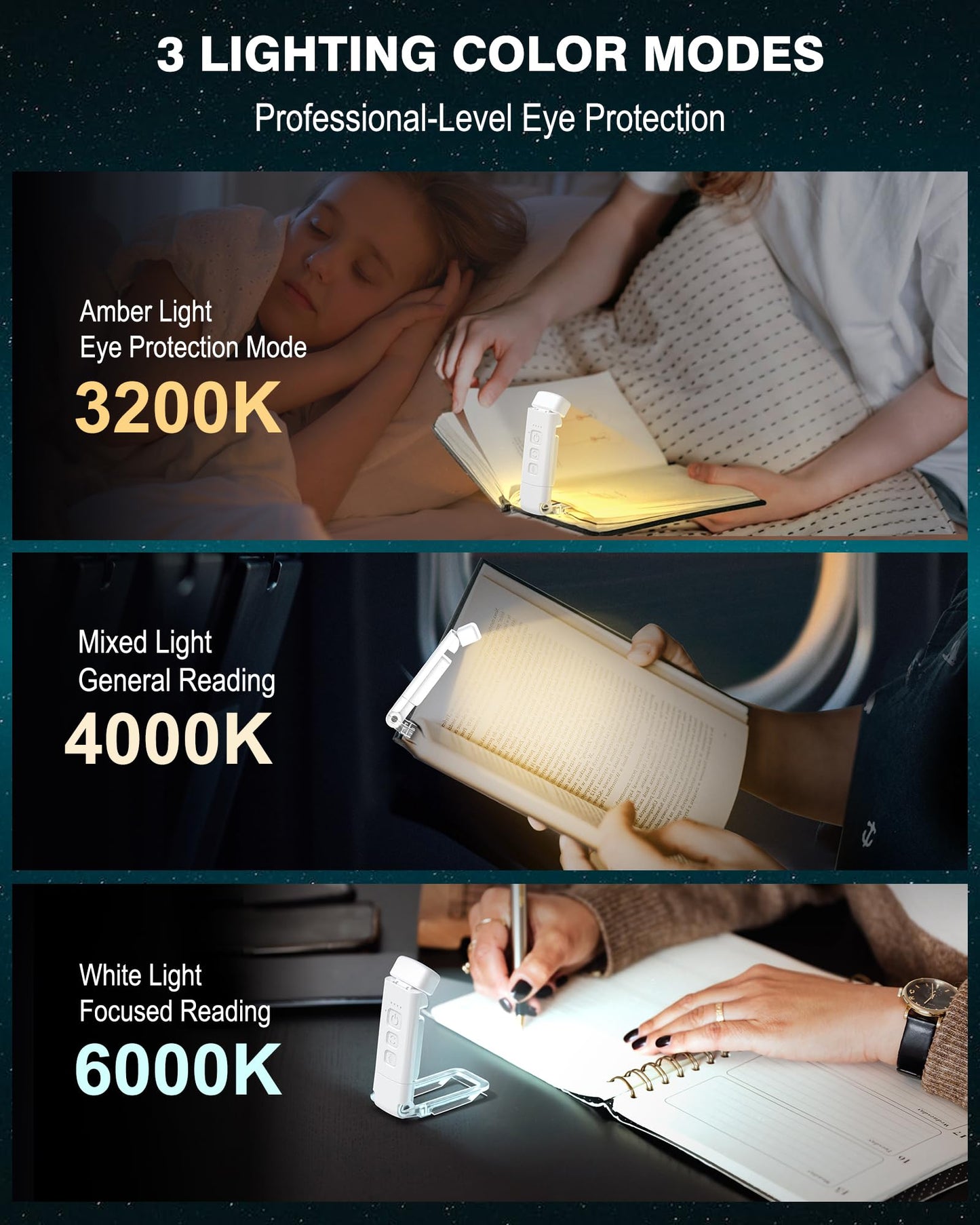 Reading Light, Rechargeable Book Light, with Book Page Holder, 30/60 Min Timer Reading Lamp Clip On, 3 Color Modes & 5 Brightness Dimmable Eye Care for Kids, Reading Lovers at Night in Bed (White)
