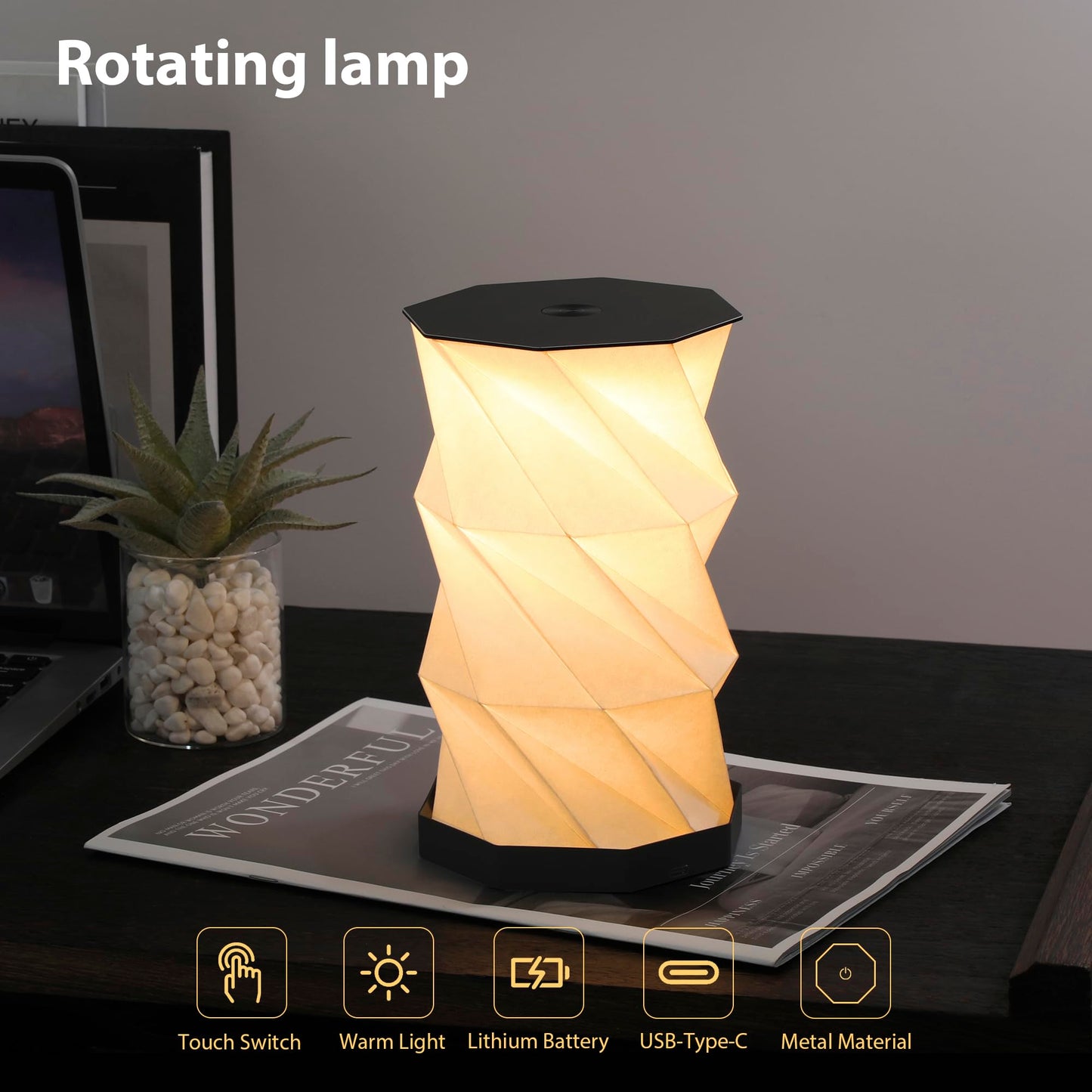 Ba sus Rotatable Metal Desk Lamp, USB Rechargeable Dimmable Reading Light with Metal Cover, Stepless Dimming by Long Press, for Study Desk, Bedroom Decor, Camping Outdoor Lighting (Black)
