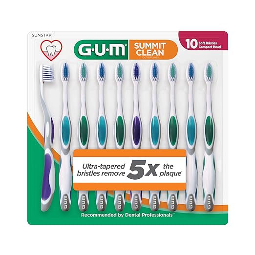 GUM Summit+ Soft Toothbrush, Ultra Fine Tapered Bristles for More Effective Plaque Removal, Extra Soft Toothbrushes for Adults, 10 Count