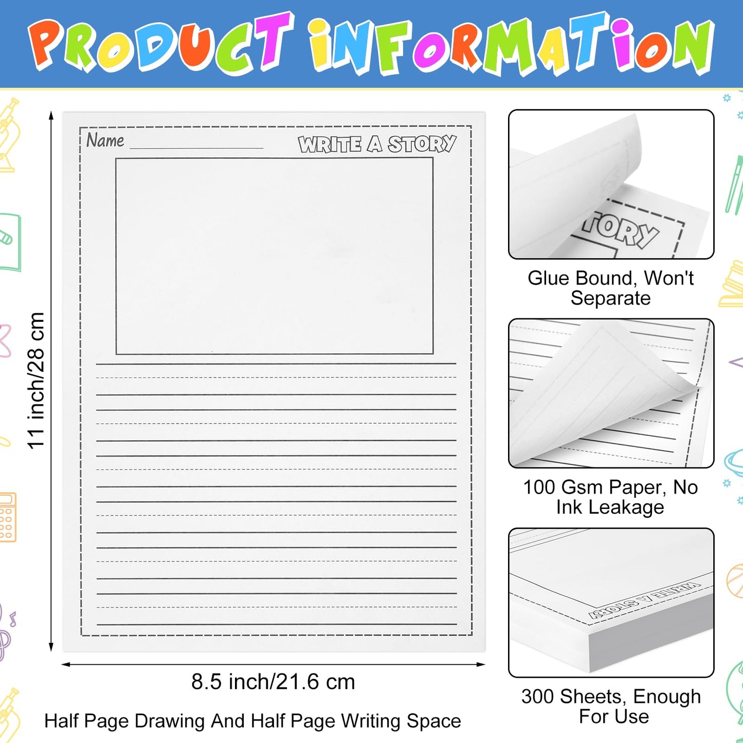 300 Sheets Writing Beginner Paper for Kids Create Story, 8.5"x11" Handwriting Paper Bulk with Picture Space and Lines DIY Craft Writing Kit for Kids Journal Activity, Easter Gifts