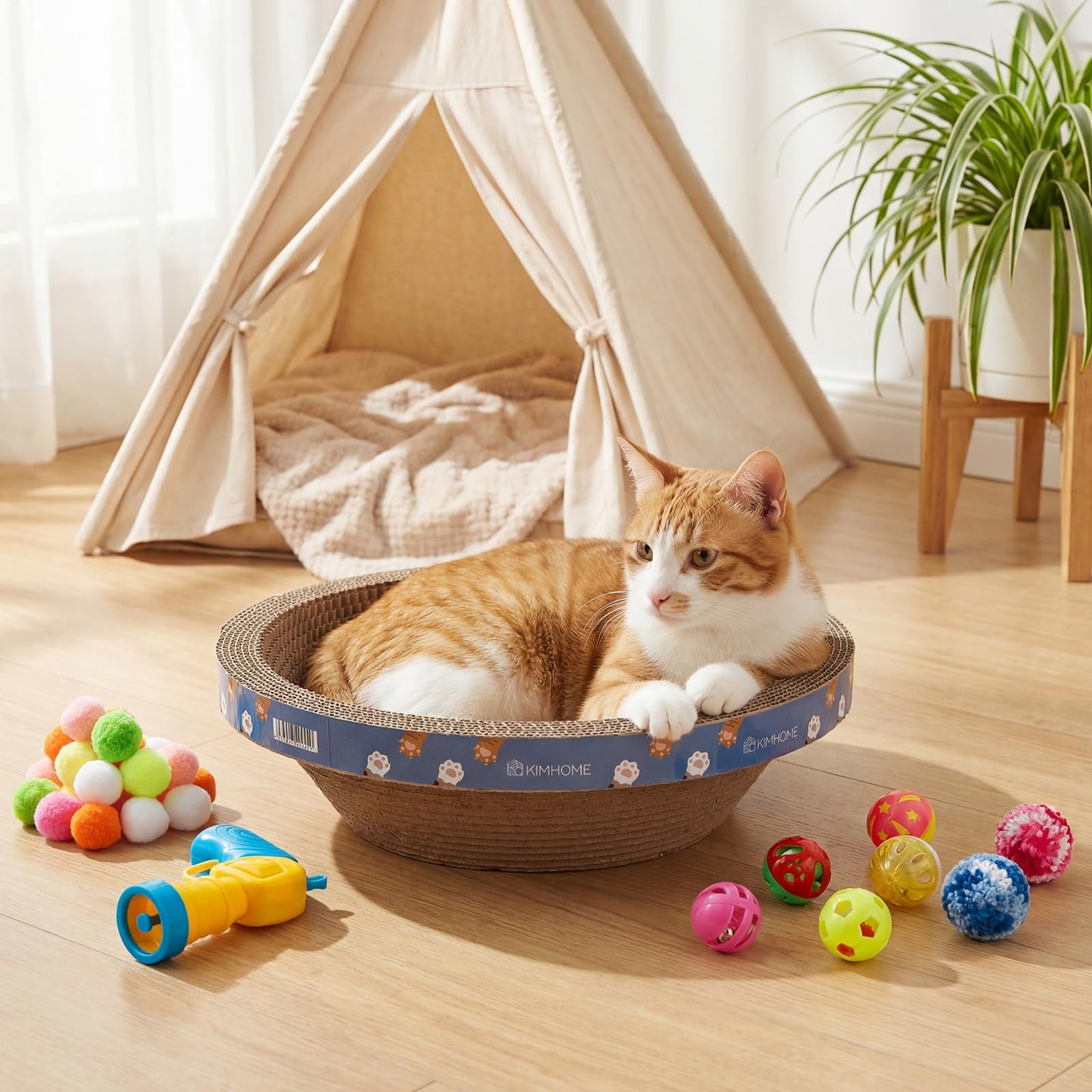 Zopeal 64 Pcs Easter Cat Toy Gift Set Magic Cat Scratcher Board Ball Launcher Gun Crinkle and Yarn and Plastic Bell Ball Kitten Toy with Bow for Pet Interactive Engaging Gift(Bowl Shape)