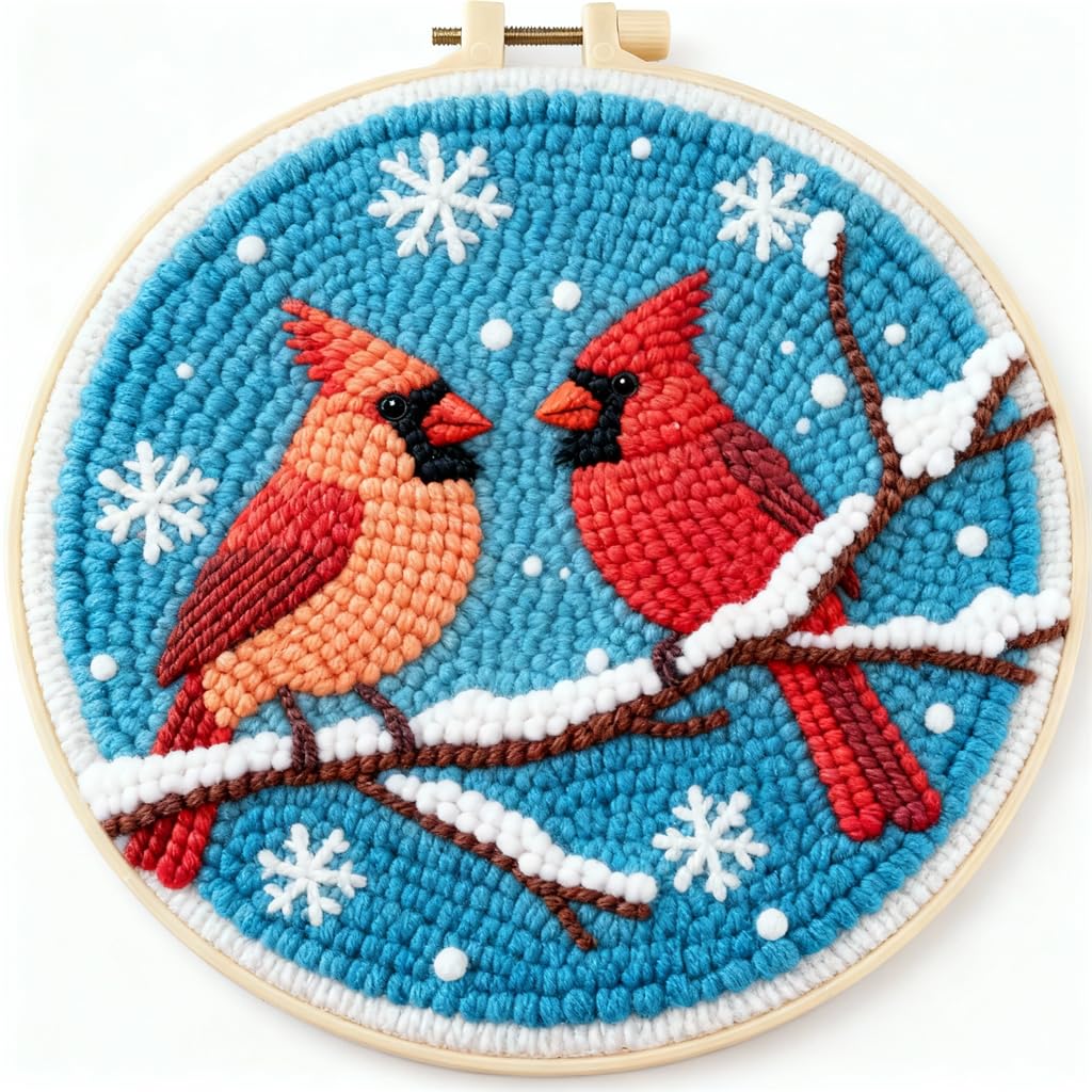 DIY Punch Needle Kits Pair of Red Cardinal Easy for Beginners Starter Set with Hoop Needlepoint Embroidery Craft Hobby and Home Decor 20x20cm