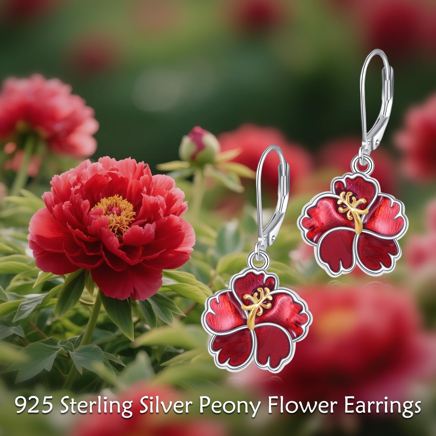 TIGER RIDER Red Peony 925 Sterling Silver Leverback Earrings Flora Jewelry Gift for Women Birthday Christmas