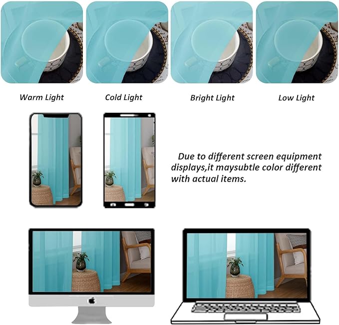 Chyhomenyc Sheer Curtains 63 Inch Length 2 Panels Set, Light Filtering Rod Pocket Window Curtain Treatment Drapes for Bedroom Living Room, Each 42Wx63L, Set of 2, Aqua