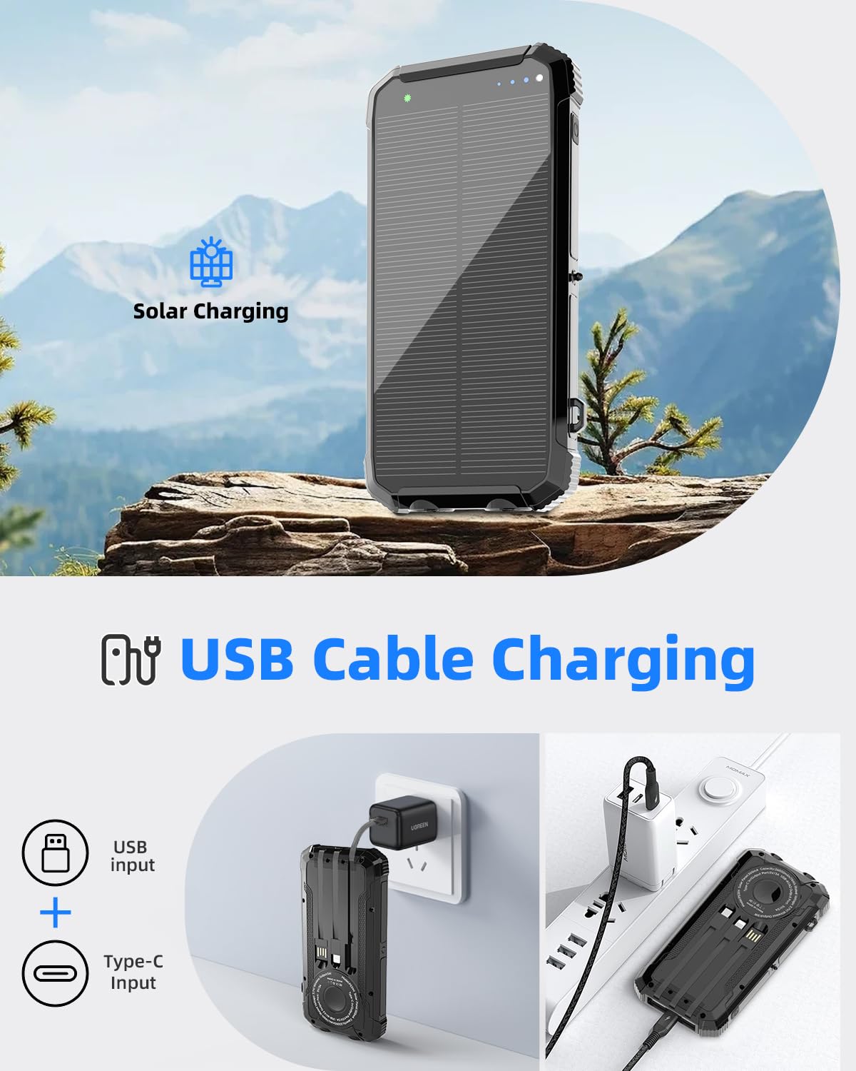 Nuynix Solar Power Bank 20000mAh, 15W Wireless Fast Charger with 3 Built-in Cables, USB-C Output Portable Battery Pack, Dual Flashlights Power Bank for iPhone 17 16 15 14, Samsung Galaxy, Camping