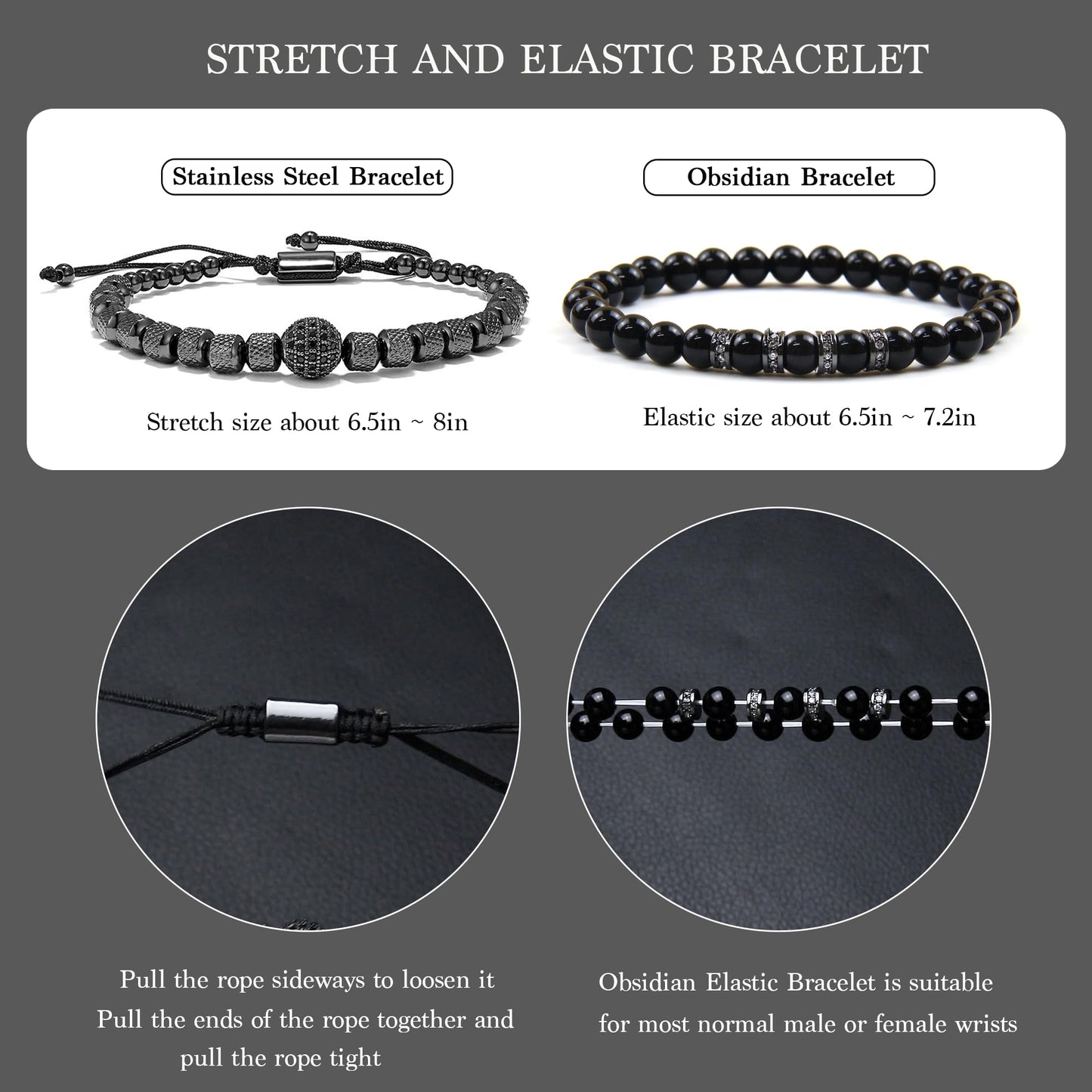 Men's Beaded Bracelets - 6mm Obsidian Stainless Steel Bracelet With Cubic Zirconia Beads - Adjustable Bracelet Set for Couples, Boyfriend, Husband (Black)