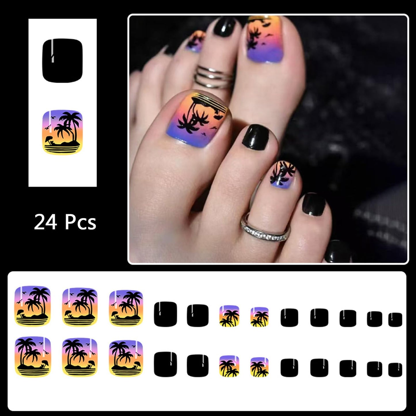 24Pcs Summer Beach Press on Toenails Short Fake Toe Nails with Coconut Tree Sunset Designs Acrylic Toe Nail Press ons Glossy Black False Toenails Reusable Glue on Toe Nails for Women