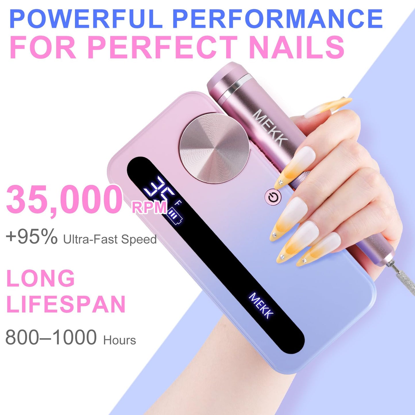 MEKK Nail Drill Kit,35000RPM Electric Nail Drill Professional Electric Nail File with 12PCS Bits,Anti-Shaking Cordless E Filer for Nails with LCD Display,Home & Salon (Pink-Blue)
