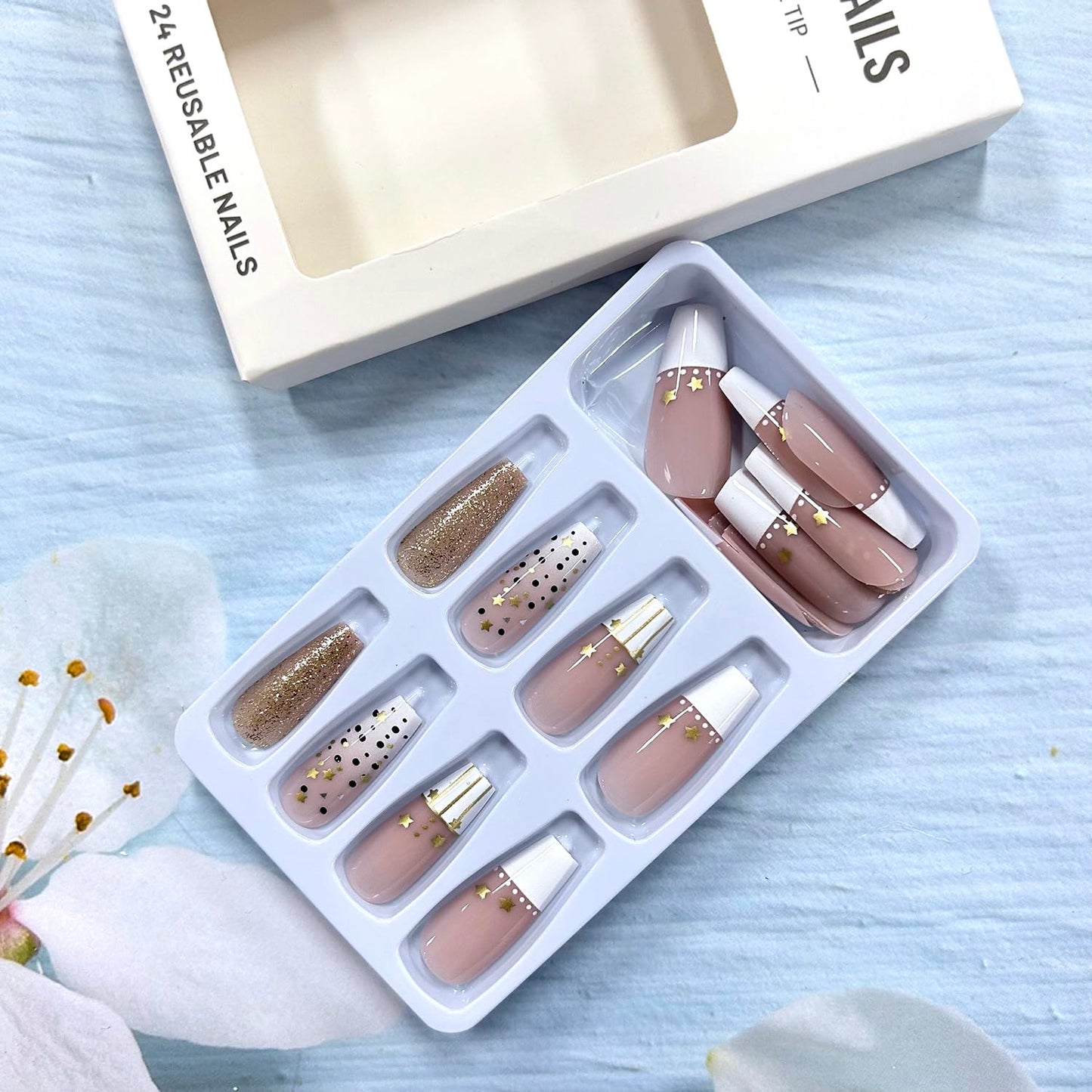 Press on Nails Medium Square False Nails French Stick Ons With Gold Glitter Stars Design Acrylic Coffin Nails Full Cover Reusable Artificial Glossy Press Ons For Women