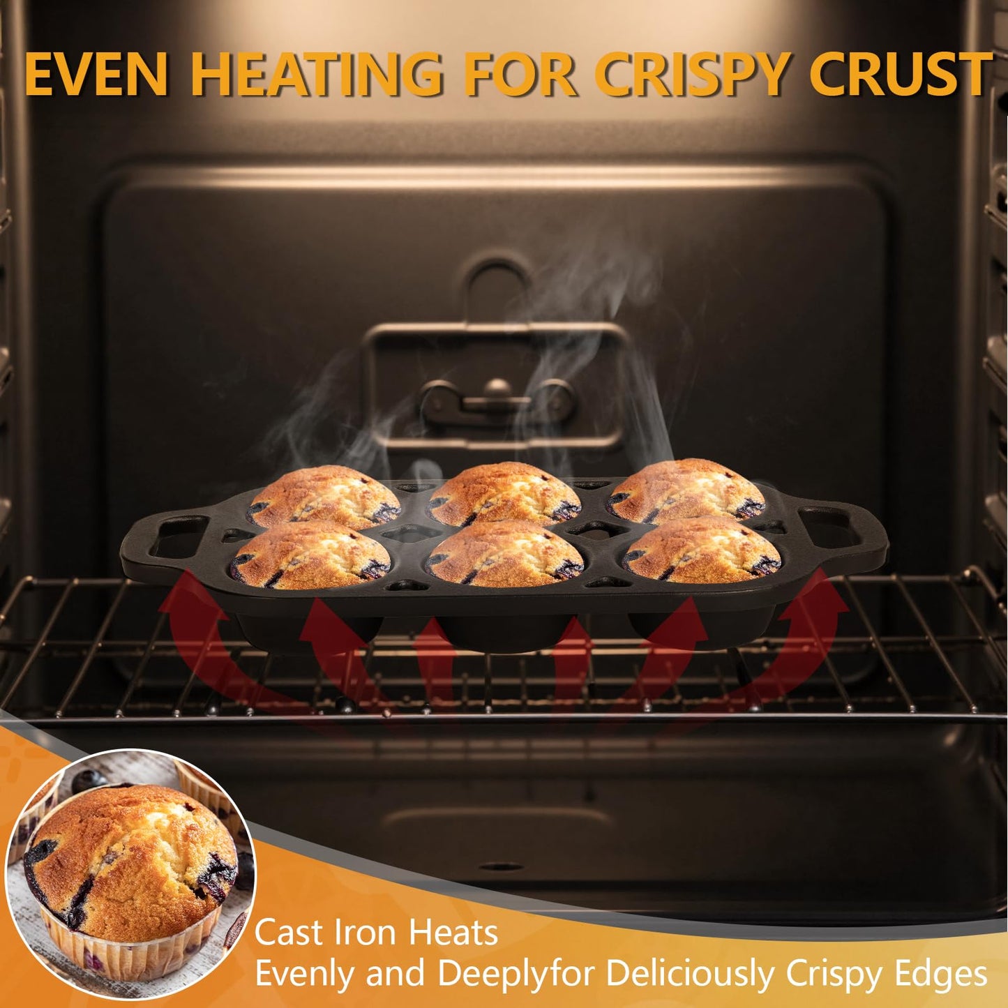 COSORM 6 Cup Cast Iron Muffin Pan - Pre-Seasoned Nonstick Muffin Tin, Regular Size Cupcake Baking Pan
