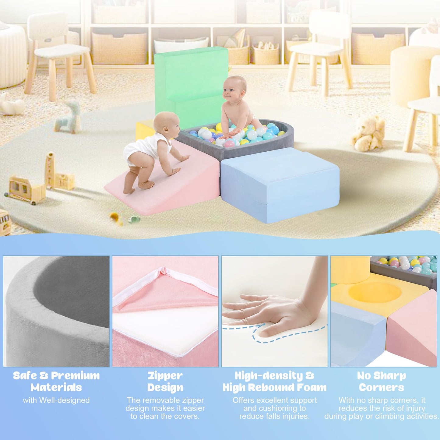 CAMELUS Toddler Climbing Toys Indoor, Baby Foam Climbing Blocks with Ball Pit for 1-3 Years Old, 6-Piece Soft Play Set Climbing Blocks, Climb Crawl Activity Play, Birthday (Balls not Included)