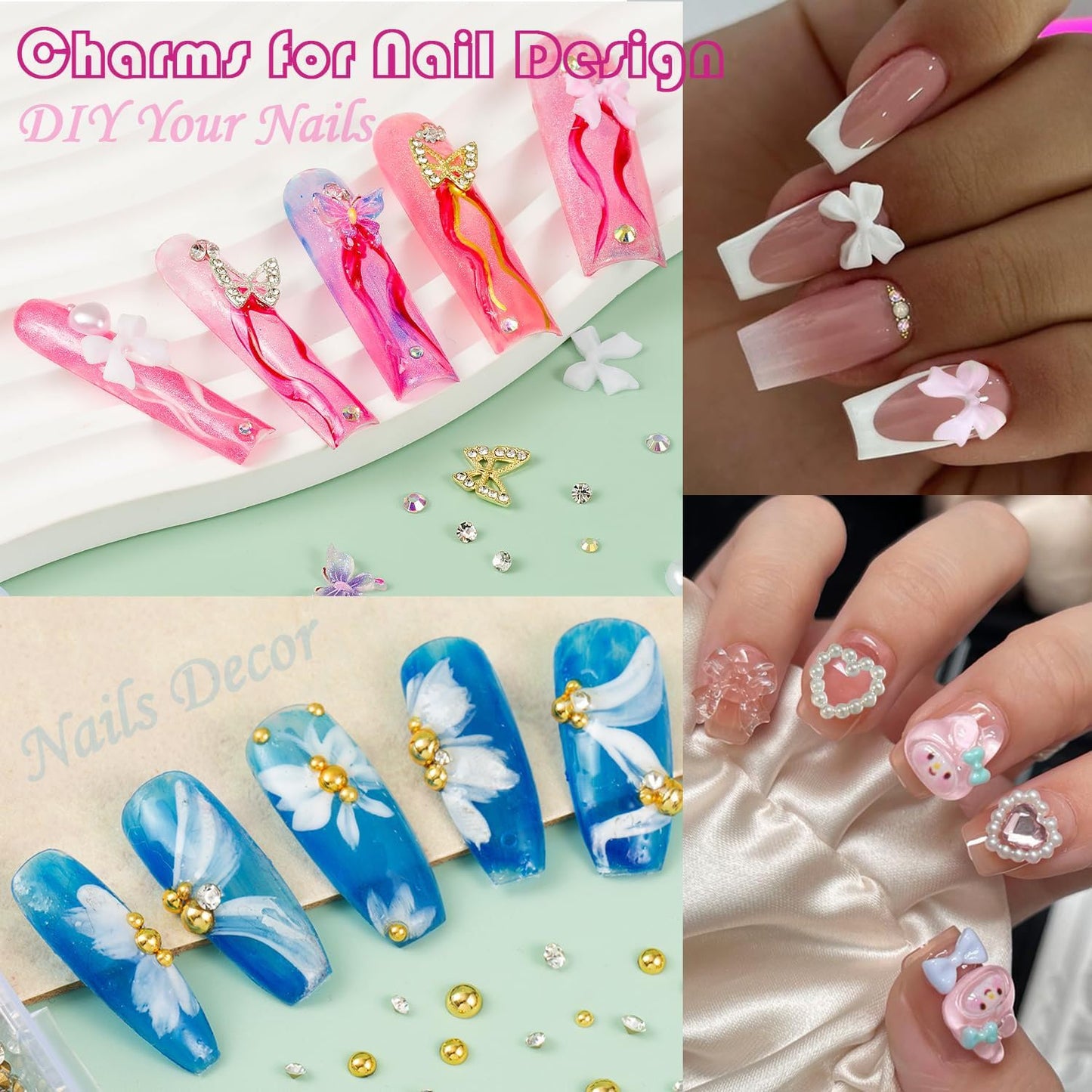 Chunmeng 10000 Nail Spells and Gem Set, Pink Cute Bow, 3D Flowers, Gold Butterfly Pendant - Nail Art Water Diamond, Pearl, Diamond Gem, Comes with DIY Nail Tools