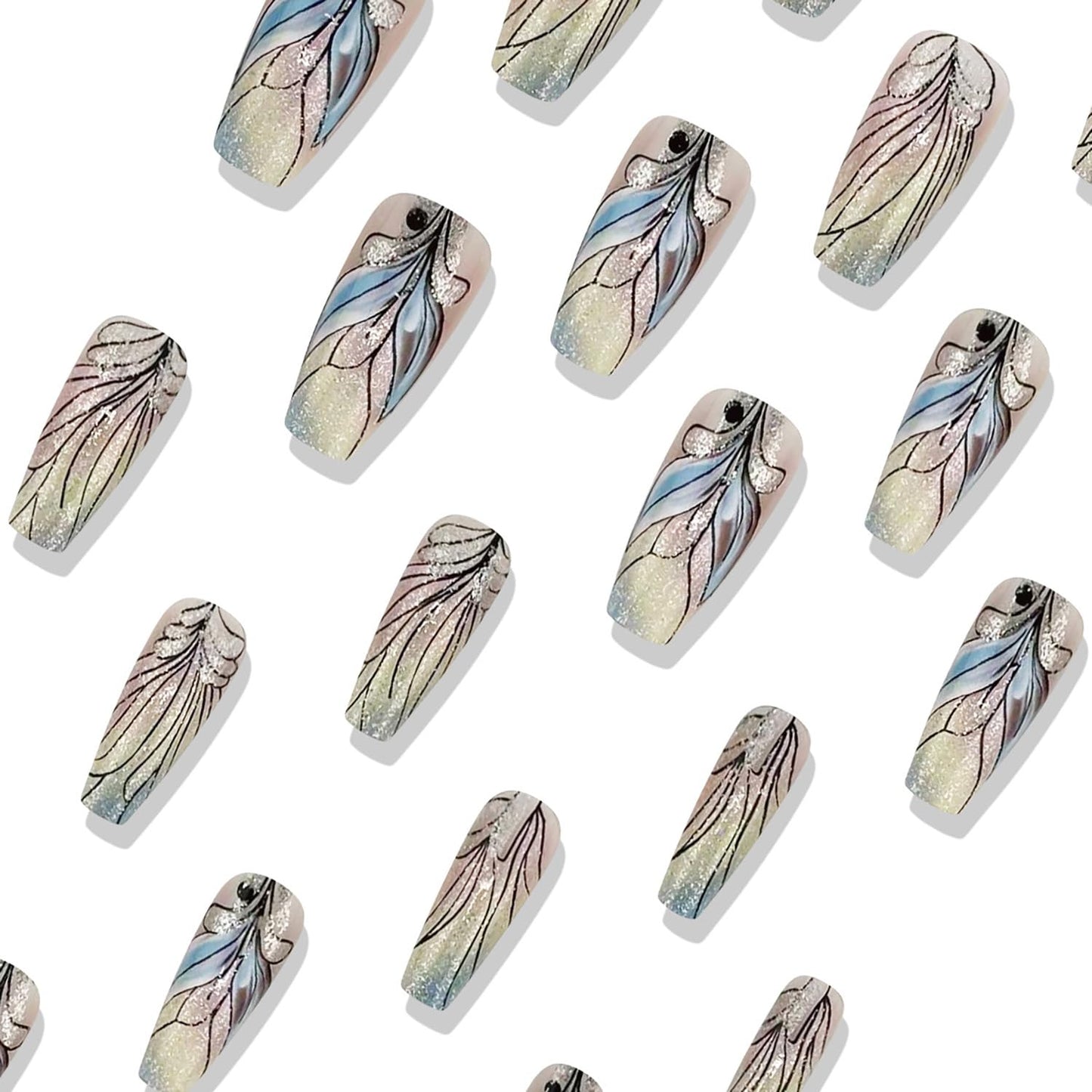 FIEONCIY Press on Nails Square Medium Length Glossy Full Cover Acrylic Square Shaped False Nails with Designs Artificial Short Coffin Fake Nails with Charms Glue ons Fingernails for Women(BL04)