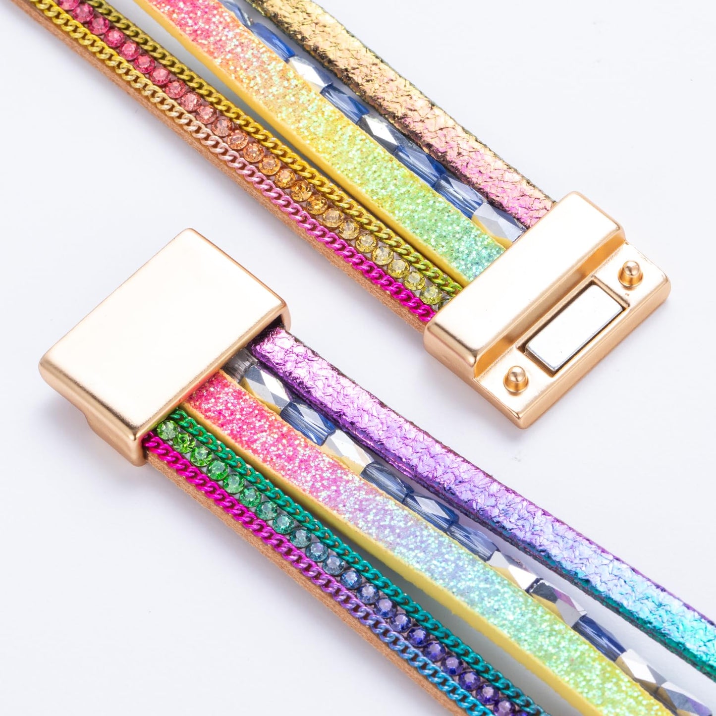 FANCY SHINY Boho Leather Wrap Bracelet Stackable Chunky Crystal Cuff Bracelets with Magnetic Clasp Cowboy Cowgirl Western Summer Beach Outfits Jewelry Gifts for Women (7.7", Rainbow)