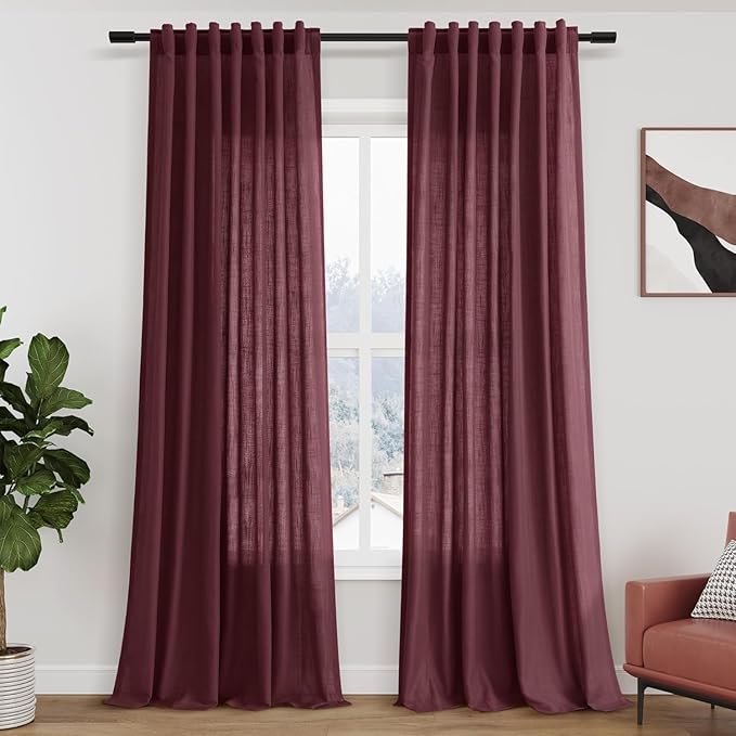 Nanspring Burgundy Linen Curtains 132 Inch Length for Living Room Light Filtering Semi Sheer Curtain Back Tab Vintage Boho Decor Drapes Floor to Ceiling High Window for Bedroom 52x132, 2 Panels