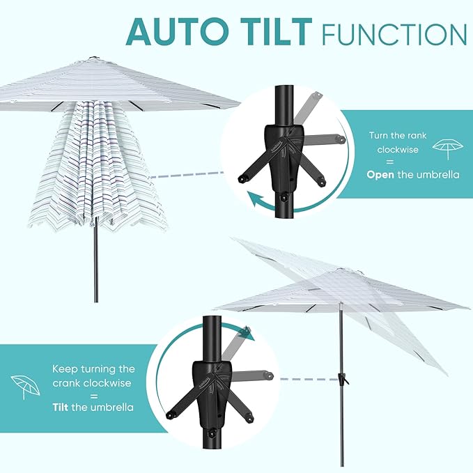 Tempera Patio Market Outdoor Table Umbrella with Auto Tilt and Crank, Large Sun Umbrella with Sturdy Pole & Fade Resistant Canopy, Easy to Set