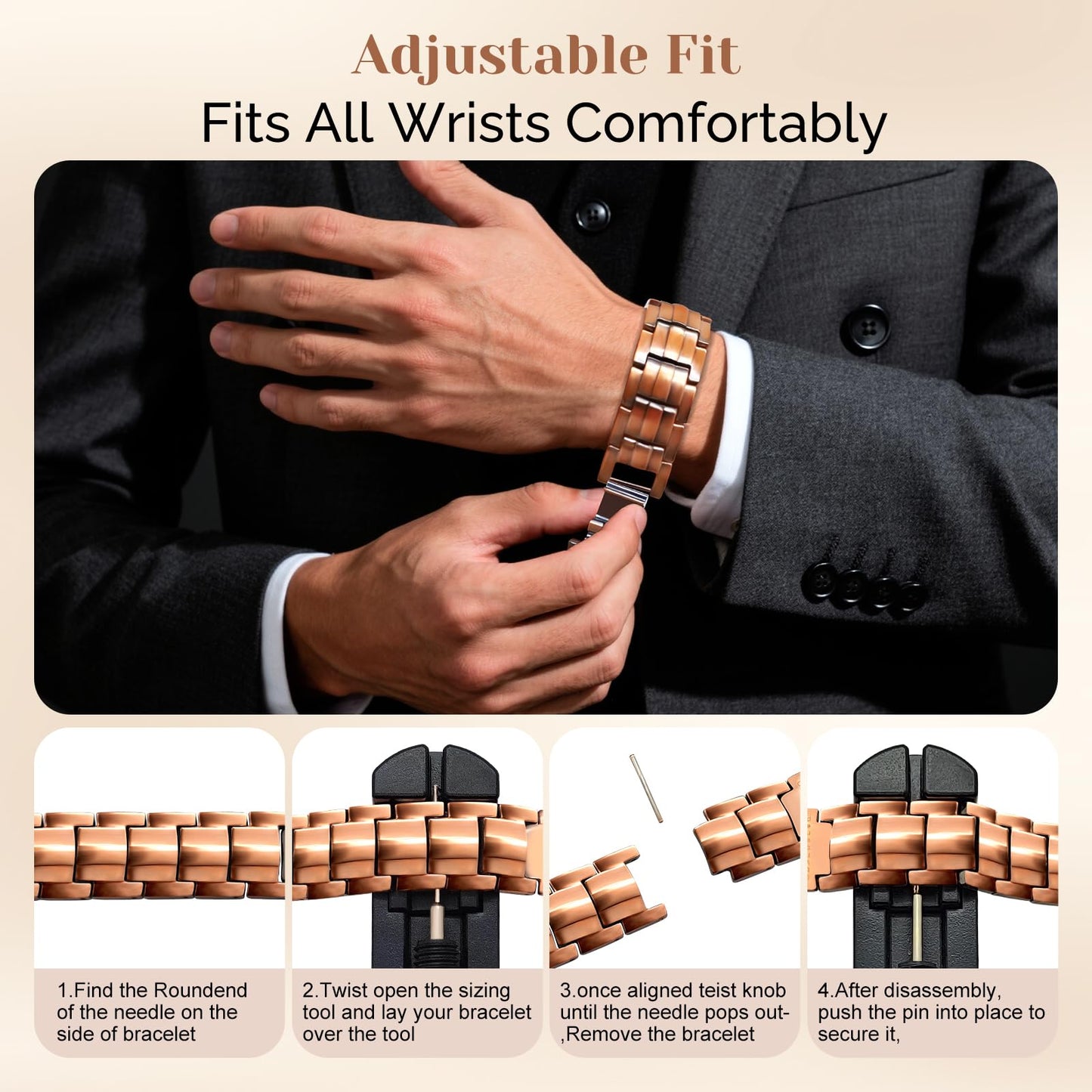 JEROOT Men's 99.99% Pure Copper Magnetic Bracelet, 3500 Gauss Magnets Adjustable with Sizing Tool