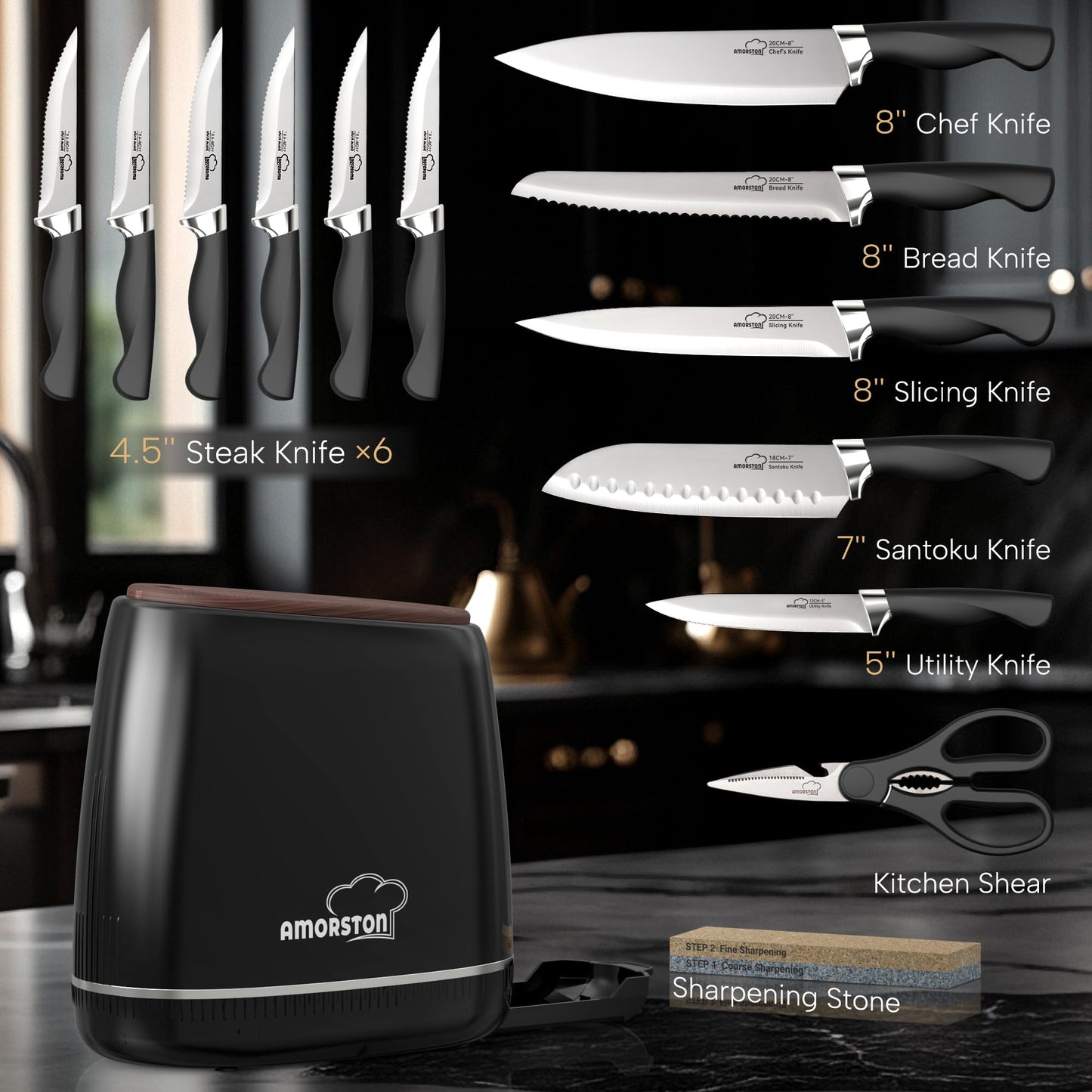 Knife Set, Amorston 14-Piece Kitchen Knives Set with Block & Sharpening Stone, Stainless Steel Dishwasher Safe, Knife Block Set with Ergonomic Handle, Professional Kitchen Knives for Home Cooking