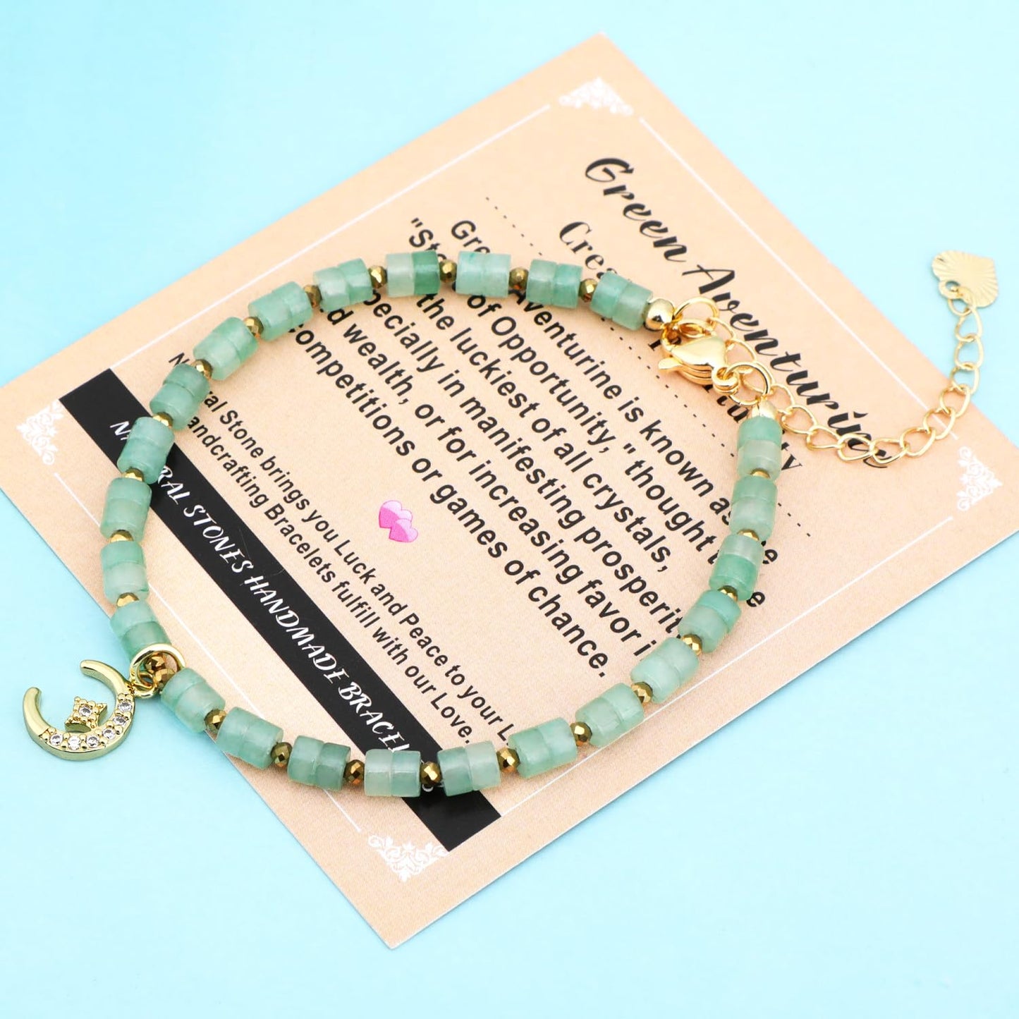 Natural Gemstone Healing Crystal Aventurine Dainty Charms Star and Moon Bracelet Adjustable Chain Extender Minimalist Jewelry