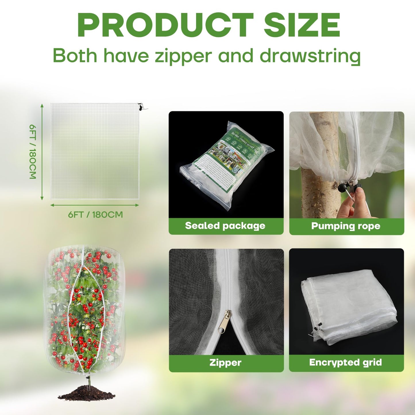 6FT x 6FT Fruit Tree Netting with Zipper and Drawcord, 2Pcs Garden Plant Net Pest Barrier Bag, Insect Bird Mesh Netting Cover for Protect Vegetables Flower Blueberry