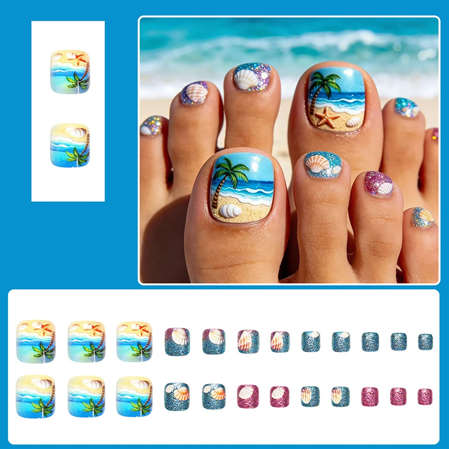 Summer Beach Press on Toenails,Short Square Fake Toenails Coconut Trees Toe Nail Press Ons with Starfish Shells Glitter Designs Full Cover Acrylic Glossy Stick on Toe Nails for Women 24Pcs