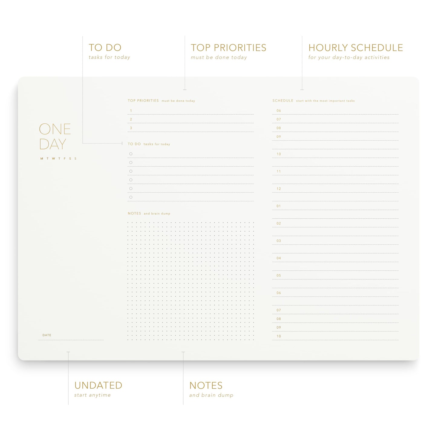 Pinesman - One Day, Elegant Daily Desk Planner, Gold Foiled, Minimalist Productivity Planner Pad, Time Blocking Hourly Schedule, To Do List Notepad, A4, 52 Pages, FSC™ Certified