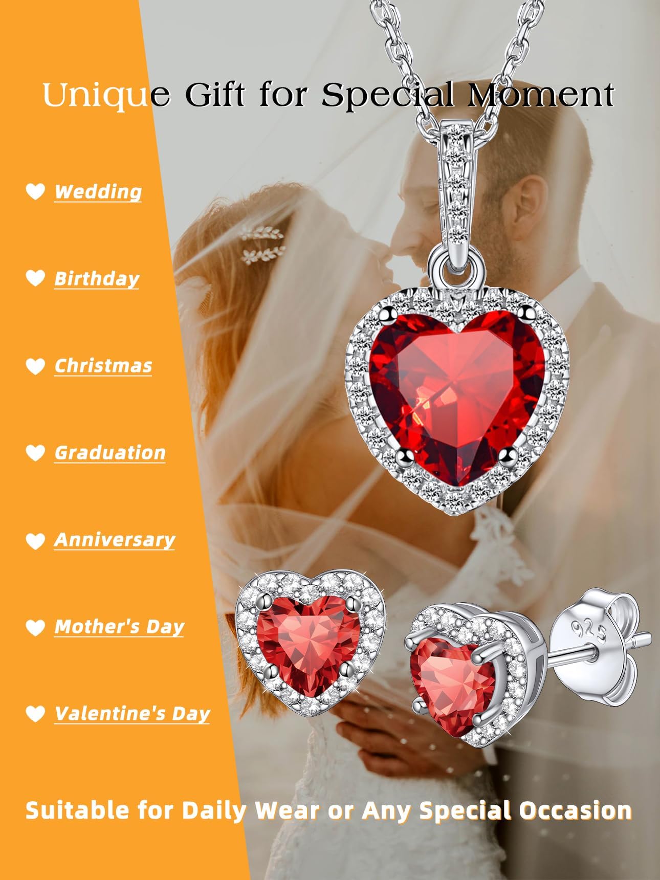 Bestyle 925 Sterling Silver Love Heart Cut Cubic Zirconia Stud Earrings, Brilliant Created July Ruby CZ Birthstone Earrings for Women