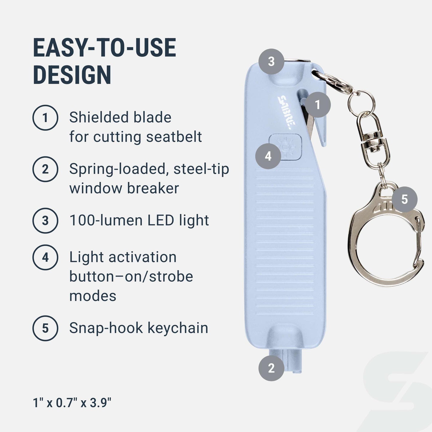 Sabre Safe Escape™ 3-in-1 Car Escape Tool for Car Safety with Spring-Loaded Window Breaker, No Swing Required, Seat Belt Cutter, LED Flashlight, Compact Auto Safety Tool for Emergencies