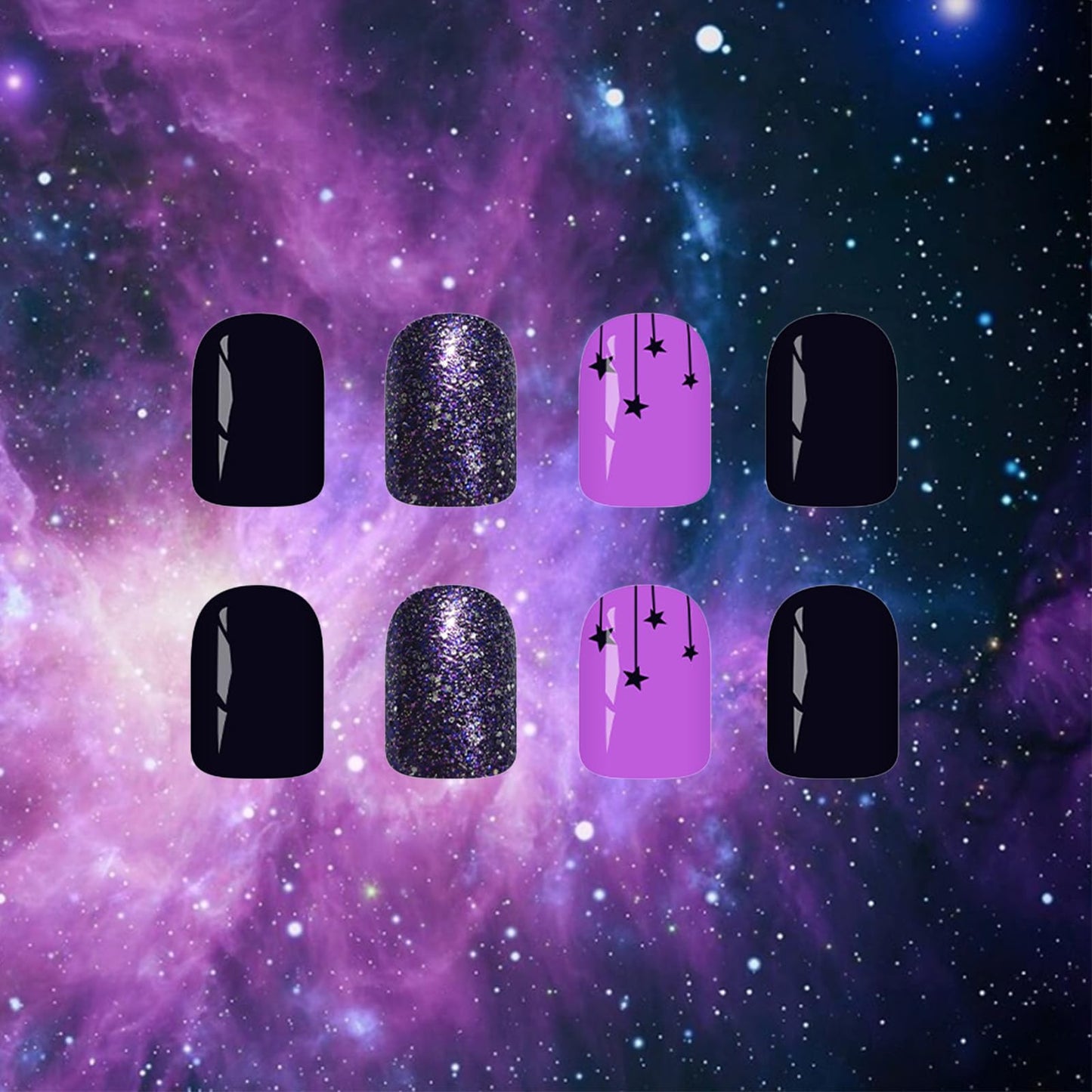 24 Pcs Stars Press on Nails HZJXRT Short Square Fake Nails Glossy Purple Glitter Acrylic False Nail Starry Sky Stick on Nail Clean Glue on Artificial Fingernails for Coquette Women Gift
